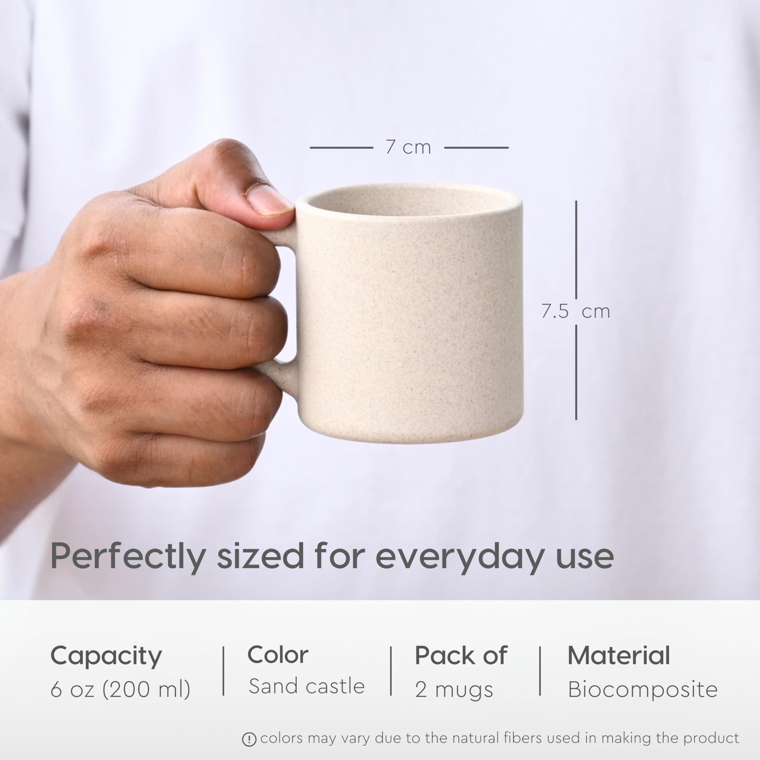 Eha Earth-Friendly Comfy Coffee Cup Set of 2 | 6.7 oz | Made with Rice Husk & Bamboo Fibers | Microwave Safe | for Hot & Cold Coffee Mug, Tea & Milk | Natural Matte Finish (Pack of 2,Sand Castle)