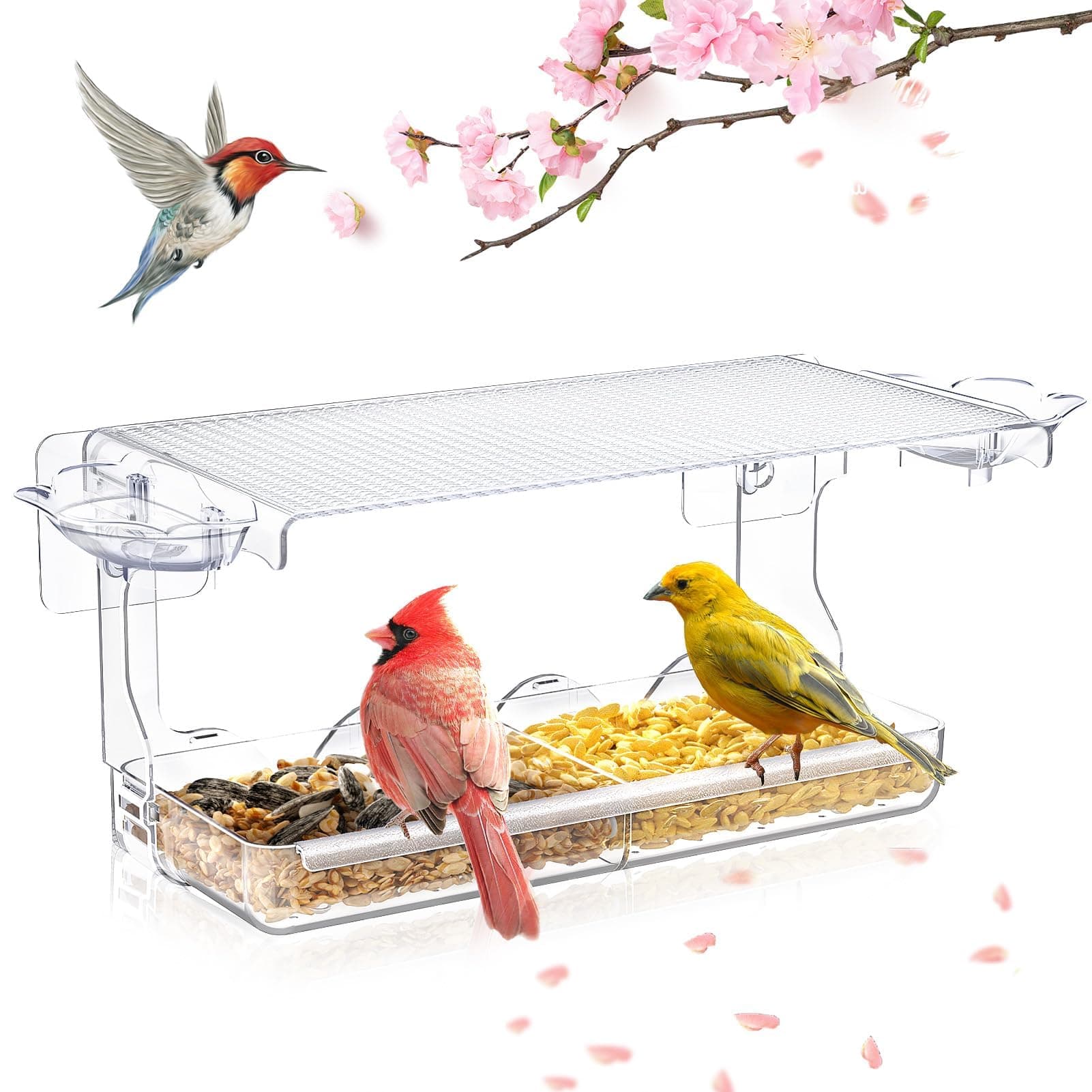 Window Bird Feeder for Outdoors, Clear Wild Bird Feeders Window Mounted with Self-Adhesive Hooks, Outside Hummingbird, burd, Oriole, Finch Bird Watching for Garden, Yard, Elderly Kids Viewing