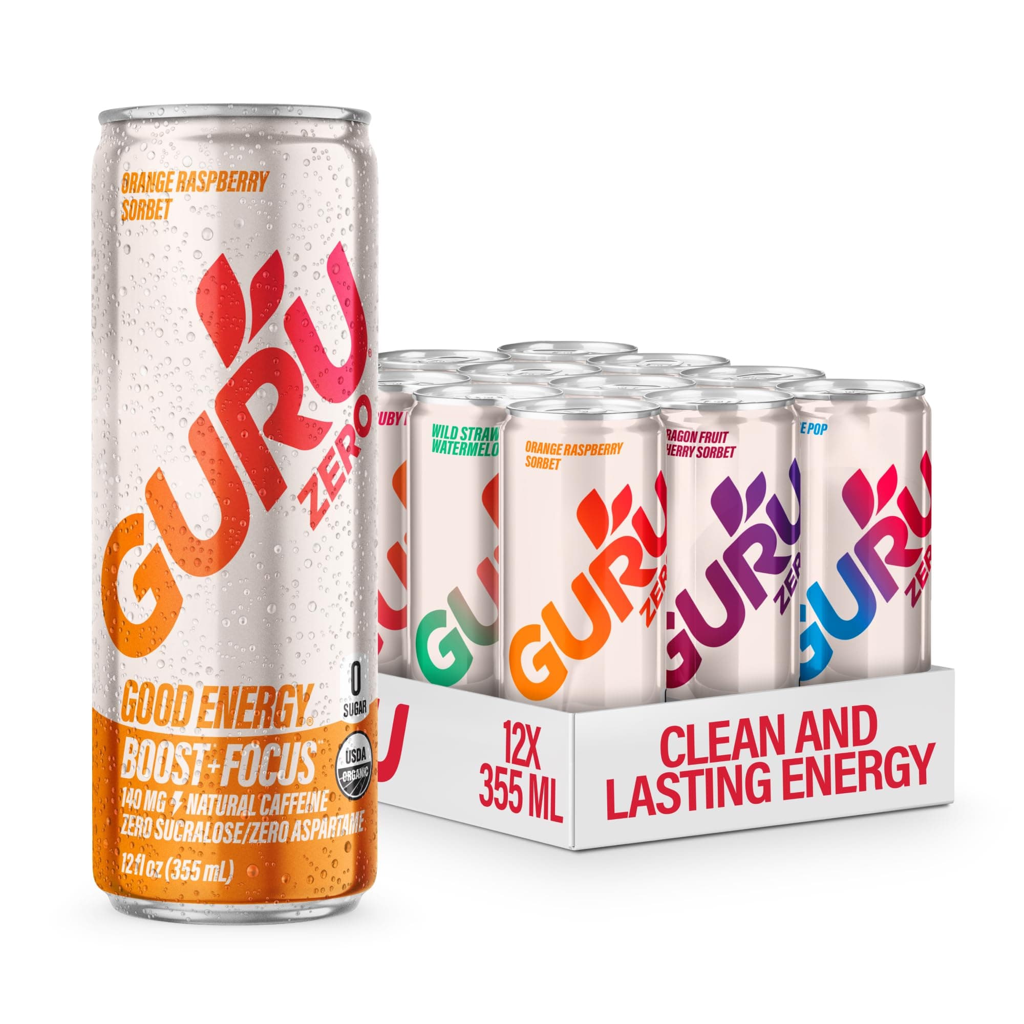 GURU ZERO SUGAR Organic Energy Drinks Variety Pack, Clean Energy Drink with Plant Based Natural Caffeine from Green Tea, Coconut Water, Prebiotic, Zero Added sugars, Gluten Free and Vegan, Pre Workout, Healthy Drinks, 12oz (Pack of 12)