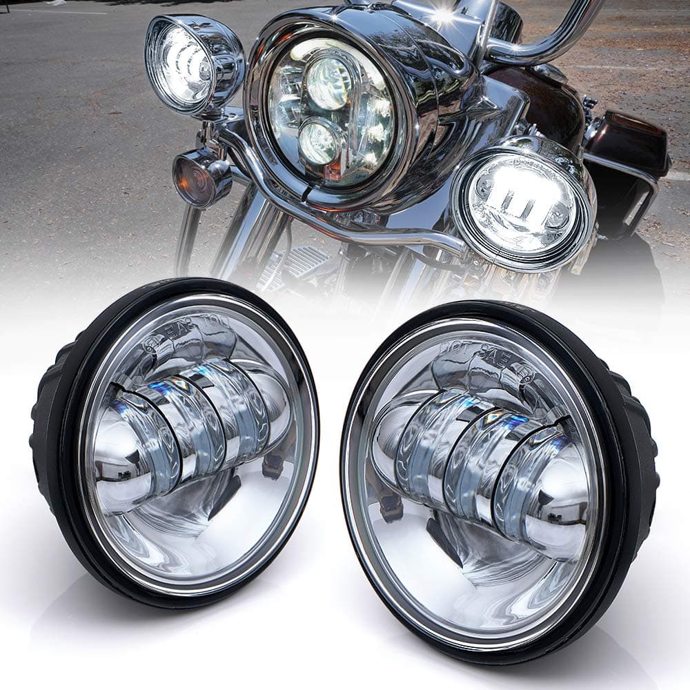 Xprite 4.5" Motorcycle Spot Lights, 4-1/2 Inch White LED Foglight Passing Light Driving Projector Lamp Spotlight Compatible with Harley Davidson Auxiliary Fog Lamps - Chrome