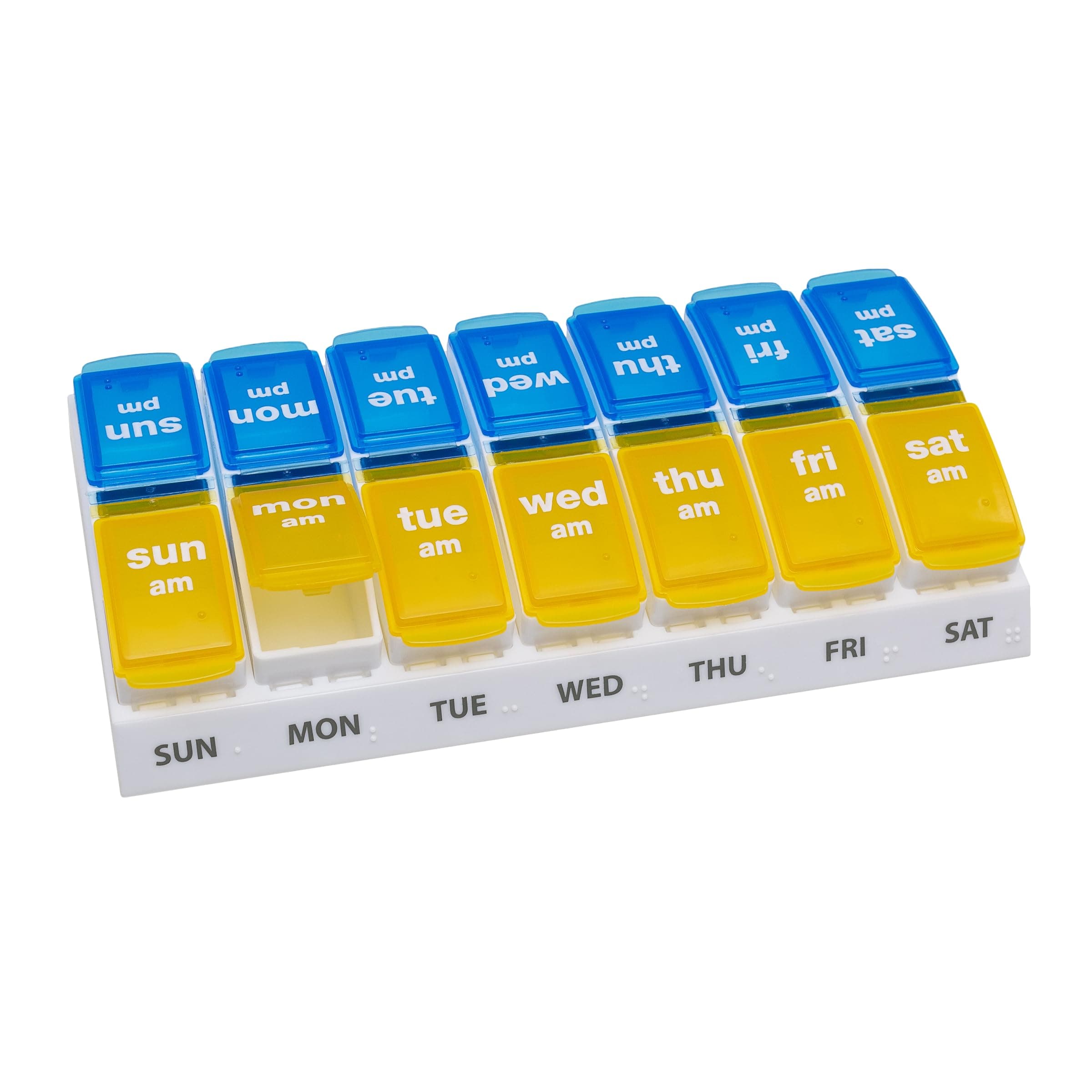 Weekly (7-Day) Pill Case, Medicine Planner, Vitamin Organizer Box, 2 Times a Day AM/PM, Large Pop-Out Compartments, Convenient and Easy to Use, Blue and Yellow Lids