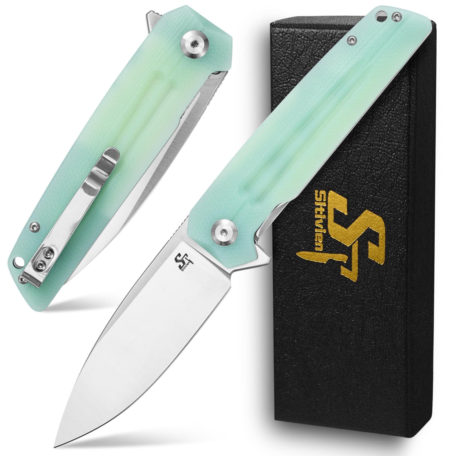 ST152 Folding Knife,K110(D2) Steel Blade with G10 Handle EDC Tool Knife for Outdoor Camping,Hiking,Fishing(Jade)