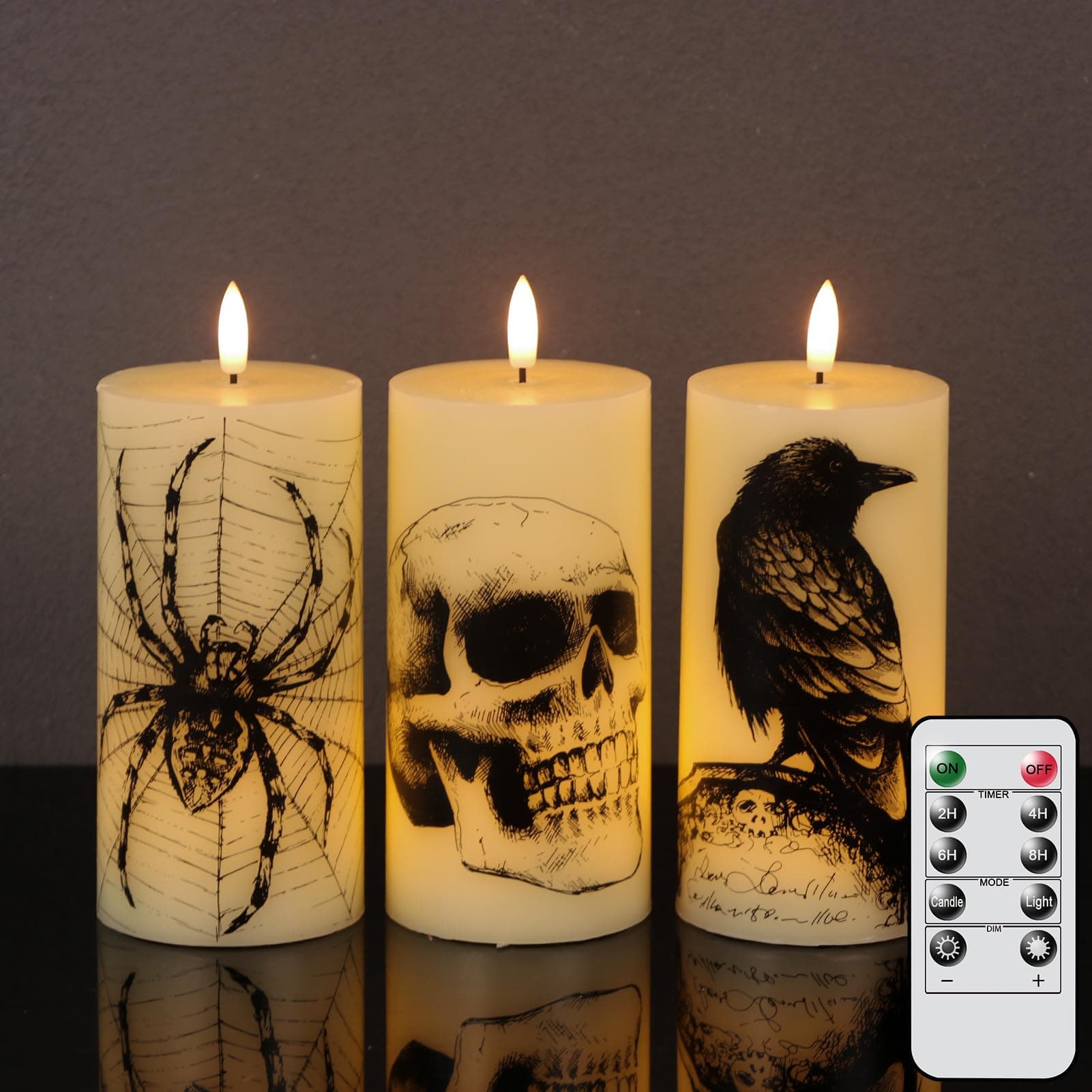 Halloween Decorations Flameless Candles with Remote Timer - Skull, Spider Web, Crow Raven Decals Set of 3, Battery Operated Halloween Decor Indoor LED Candle Horror Gothic Punk Real Wax