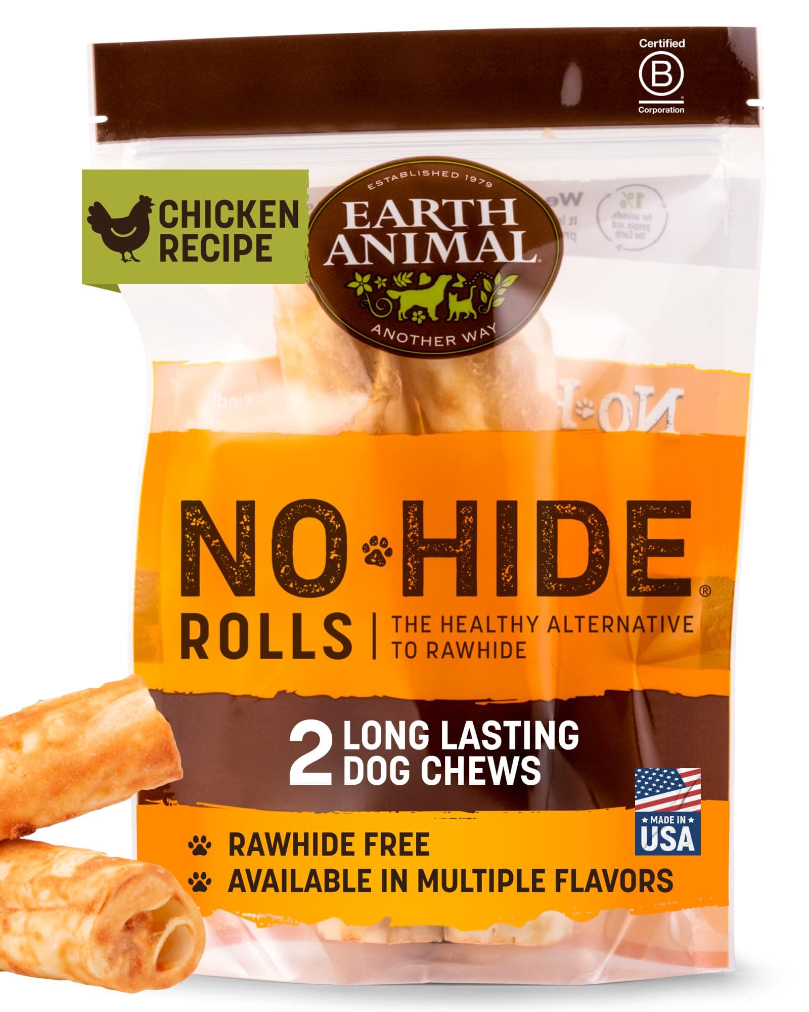 Earth Animal No Hide Medium Chicken Flavored Natural Rawhide Free Dog Chews Long Lasting Dog Chew Sticks | Dog Treats for Large Dogs | Great Dog Chews for Aggressive Chewers (1 Pack)