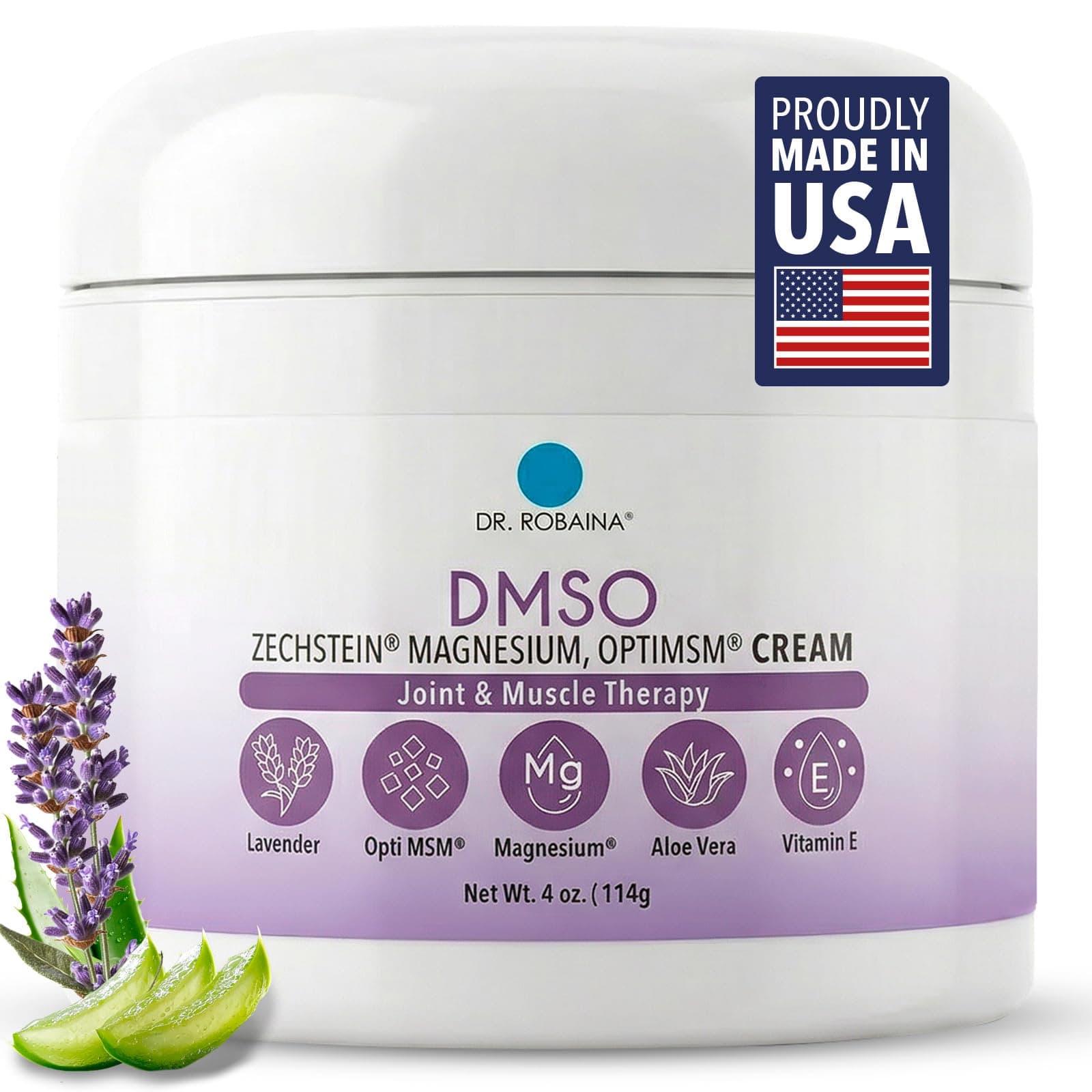 Dr. Robaina Lavender DMSO Cream - 99.9% Pure Pharmaceutical Grade | Skin Nourishing Formula with Zechstein Magnesium, Arnica, Aloe Vera, Vitamin E - 4 oz | Made in USA