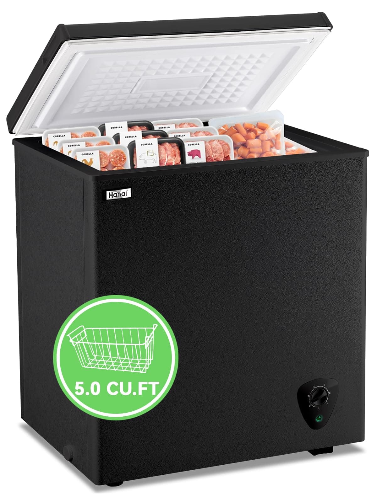 WANAI Chest Freezer 5.0 Cu.Ft Large Deep Freezers Freestanding Top Open 7 Temp Control Low Noise with Removable Basket for Dorm Apartment Home Kitchen Black