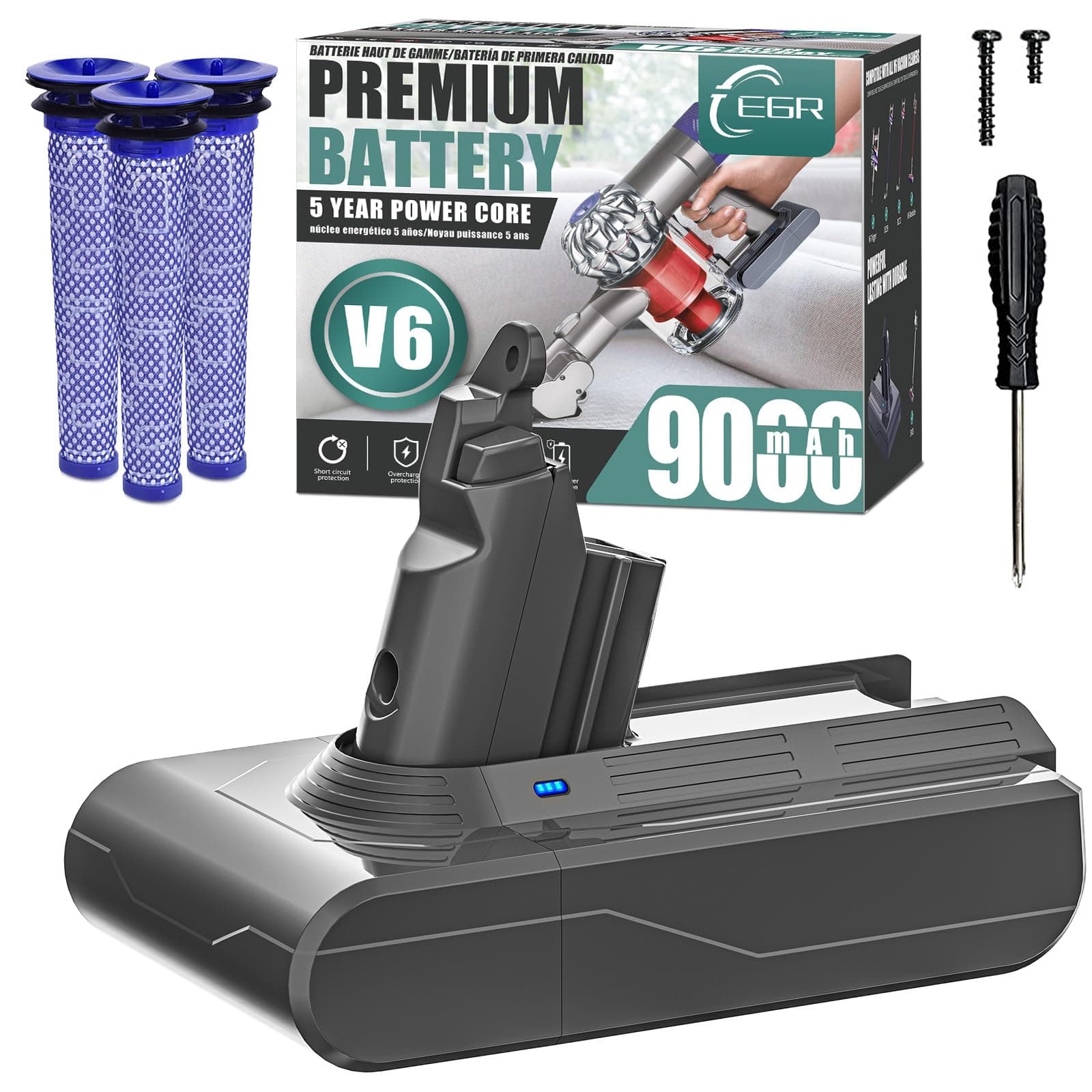 Premium 9000mAh V6 Battery Replacement Compatible with Dyson V6 Animal/Absolute/Motorhead/Fluffy SV03 SV04 SV05 SV06 SV07 SV09 DC58 DC59 DC61 DC62 DC72 DC74 Vacuum Cleaner(Not Fit V7, V8)