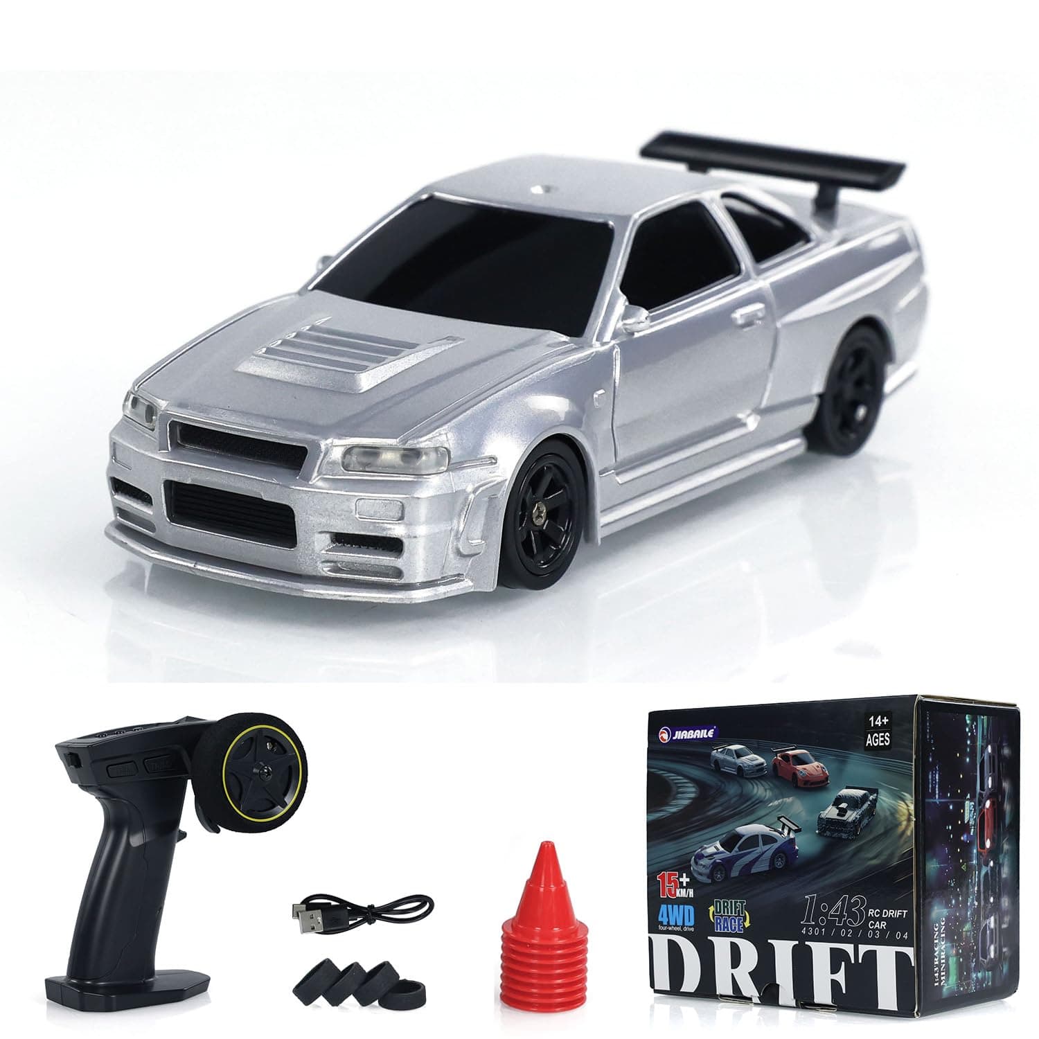 Remote Control Mini Drift Car 1:43 Race Car Toy Radio Lights Traffic Safety Cone Without a Gyro Silver,US in Stock