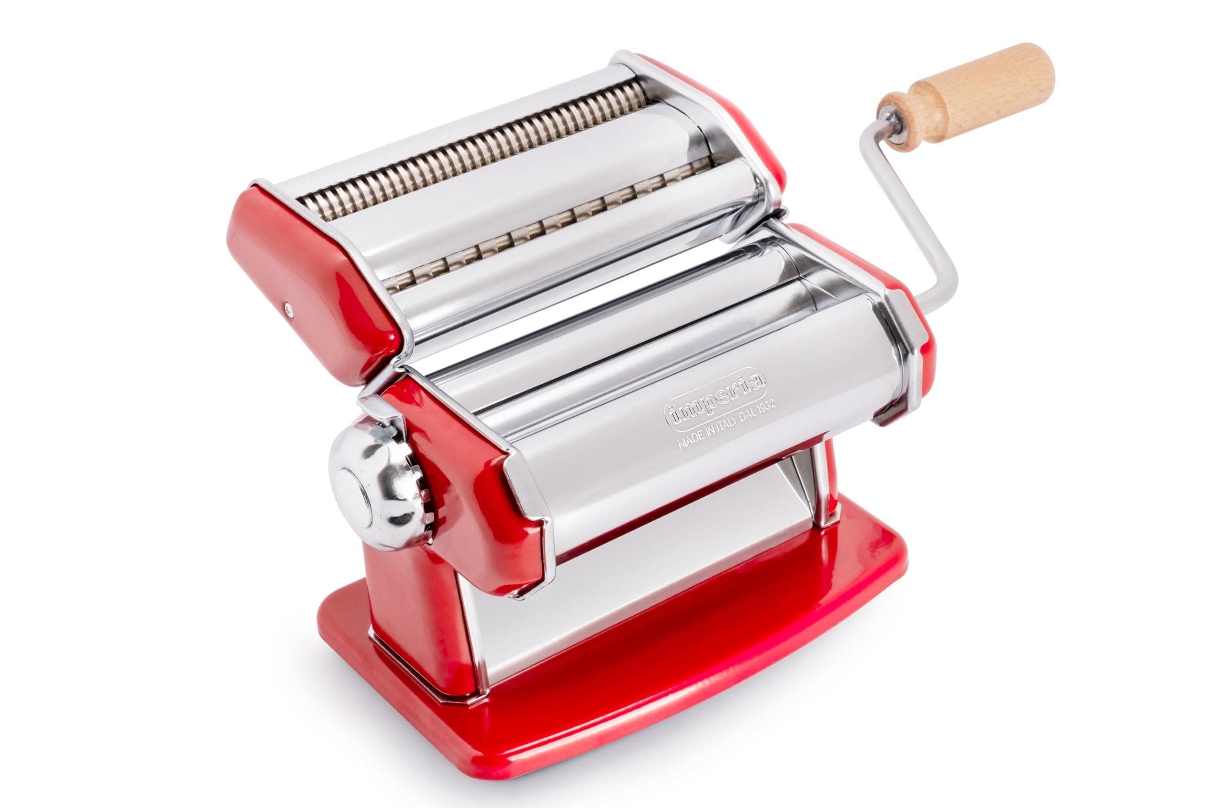 Imperia Pasta Maker Machine, Red- 100% Made in Italy, Heavy Duty Steel Construction, Easy Lock Dial Wood Grip Handle & Cleaning Brush- Fresh Homemade Italian Spaghetti Fettuccine Lasagna, Classic Line