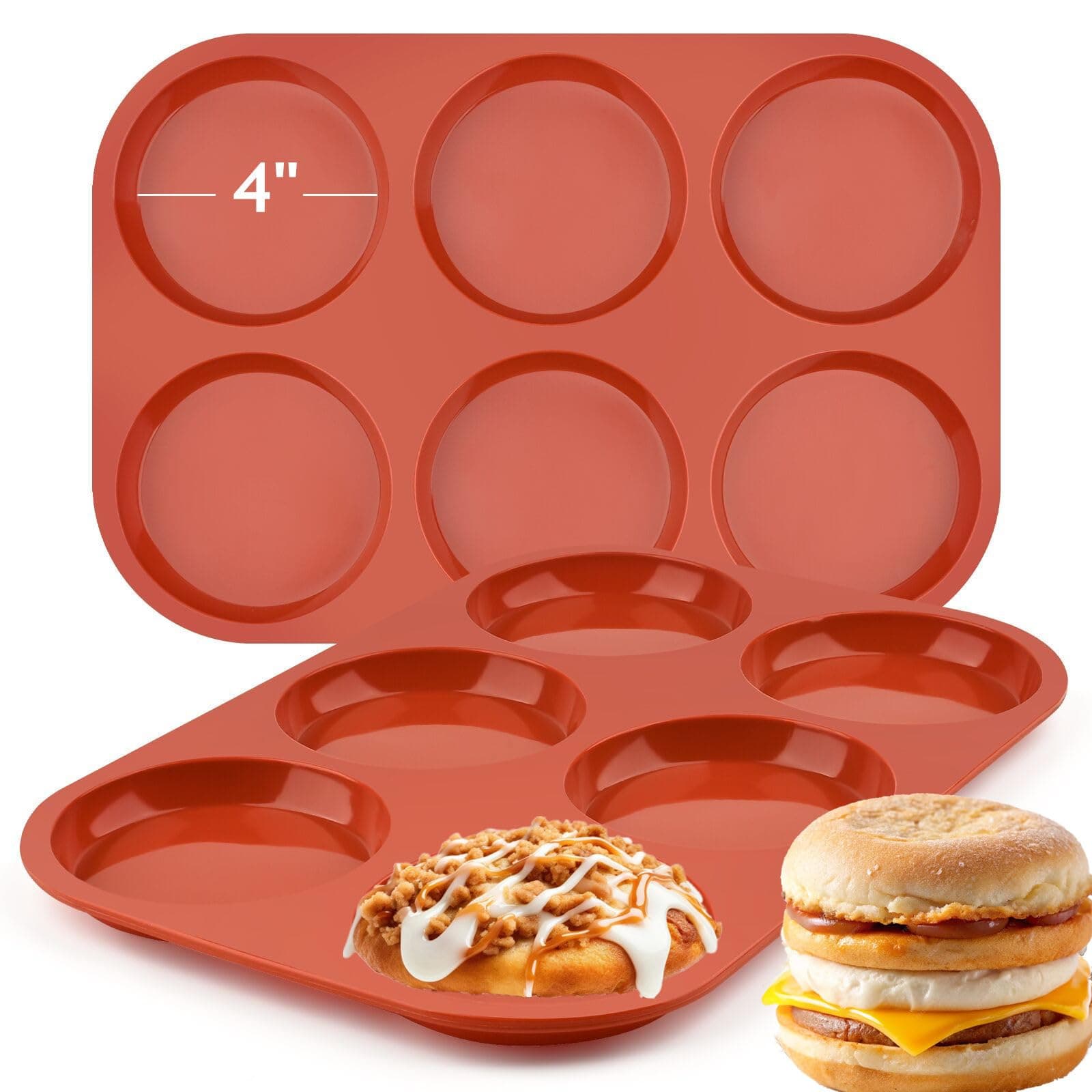 JOERSH 2-PK Silicone Egg Mold Non-Stick 4 Inch Jumbo Size Muffin Top Pan, Large Round Silicone Molds for Baking Hamburger Bun, Egg Bites, Breakfast Sandwiches, Pancakes