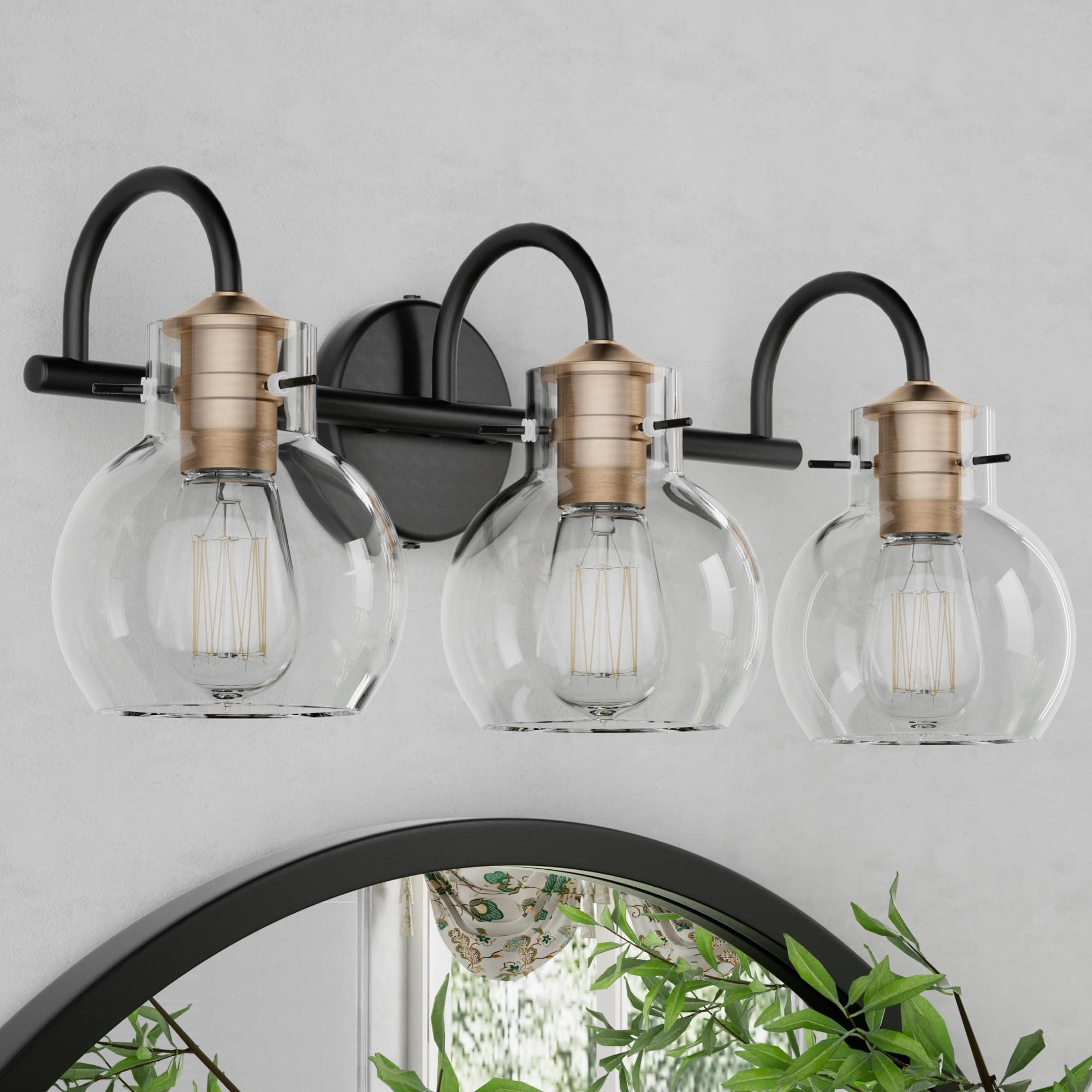 Bathroom Light Fixtures, Black and Copper 3 Light Bathroom Vanity Light, Modern Wall Sconce Black with Red Copper, Vanity Lights Over Mirror with Globe Glass Shade and Metal Base