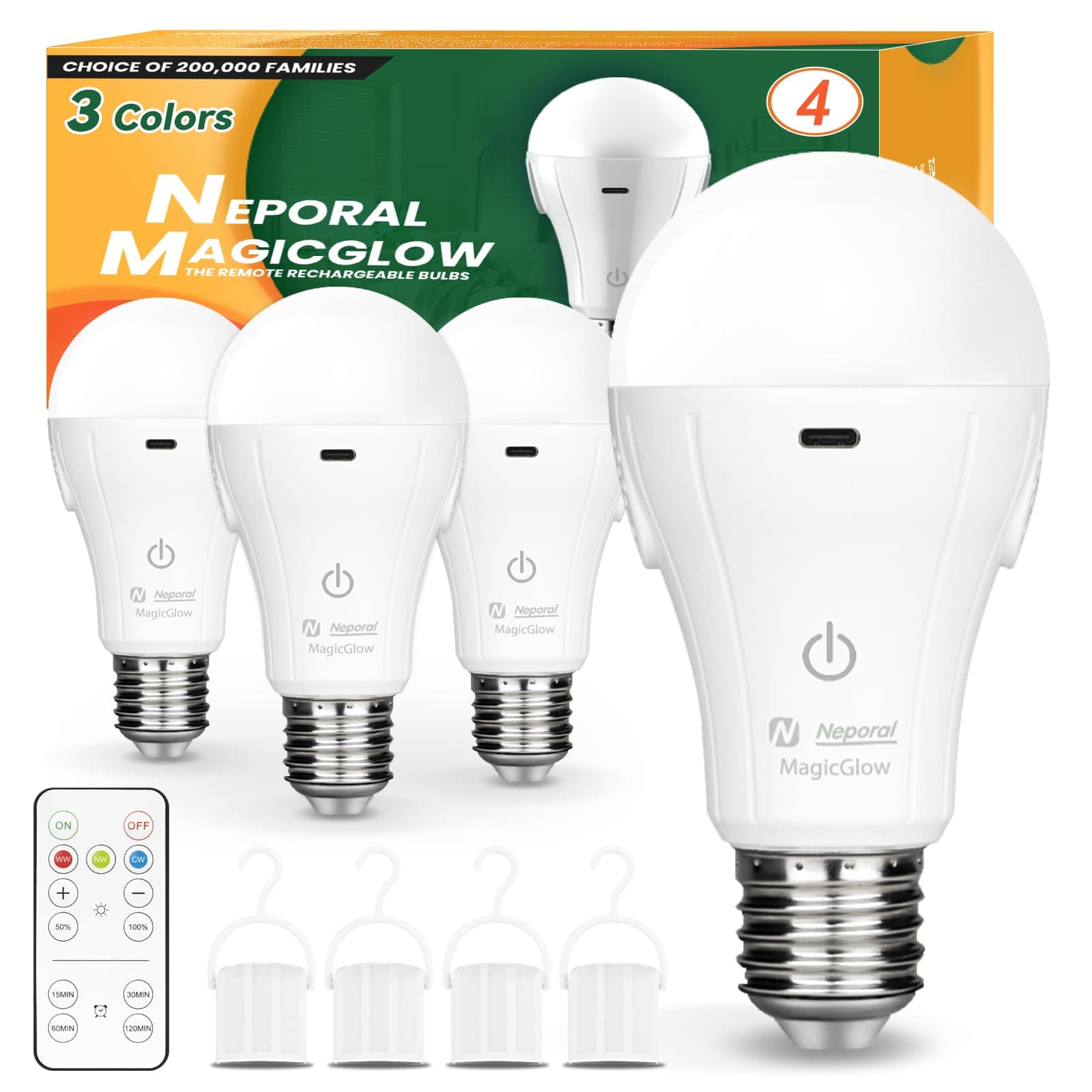 MagicGlow Rechargeable Light Bulbs with Remote, 3 Color Shift + Dimmable Battery Powered Light Bulbs, USB Rechargeable, A19 Emergency LED Light Bulb, 15W (3000-6000K, Count, 4.0)