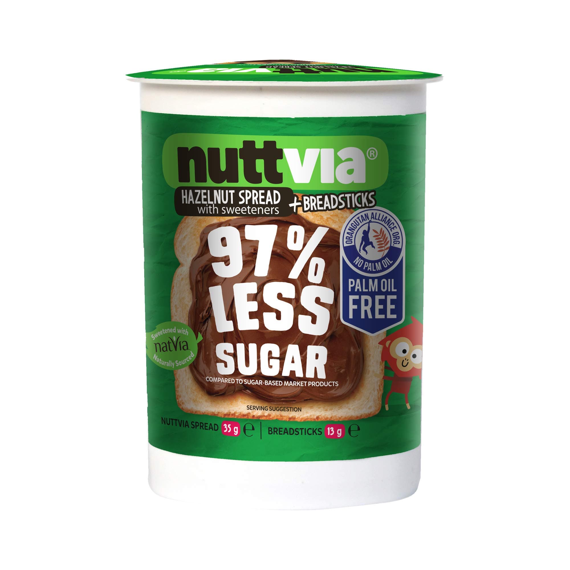 Nuttvia Chocolate and Hazelnut Spread & Breadsticks Snack Pack – Delicious & Palm Oil Free with Natural Sweeteners – 97% Less Sugar (48g)