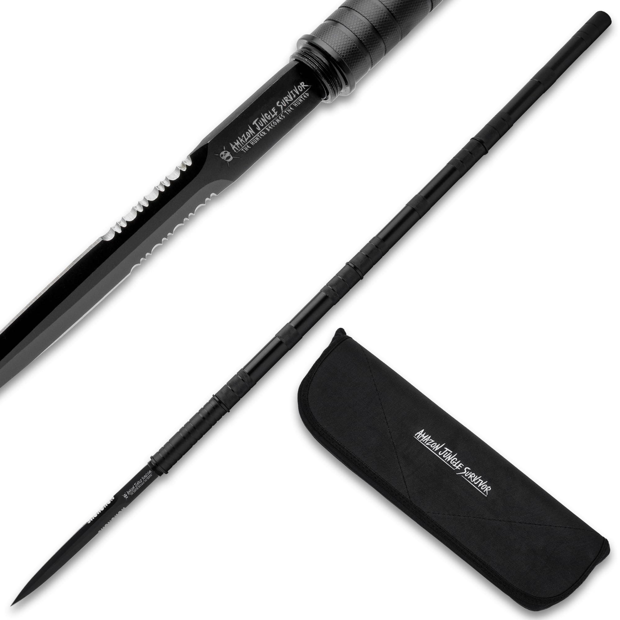Amazon Jungle Survivor Break-Down Spear | Non-Reflective Finish 2Cr13 Stainless Steel Blade | Textured Steel Shaft | Zippered Carrying Case | Black Oxide Finish | Versatile | 45 1/2" Overall