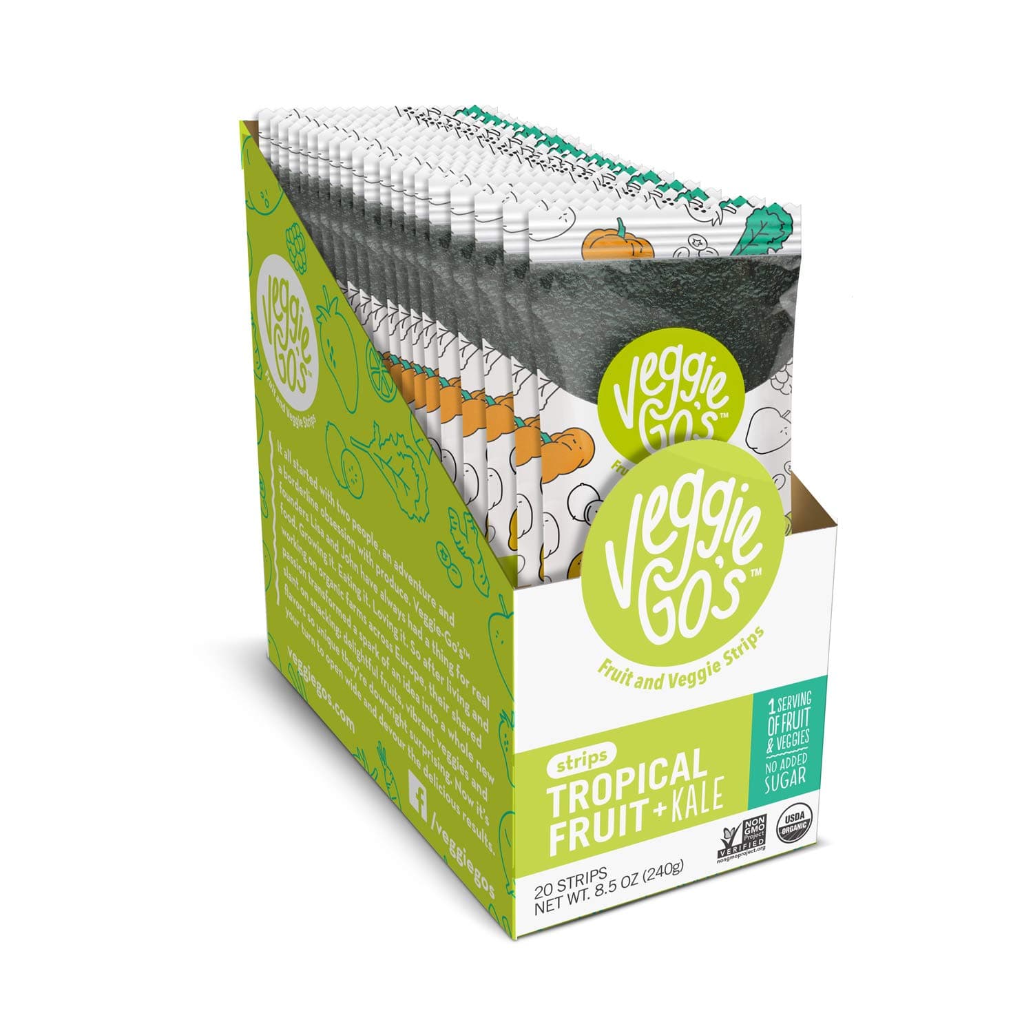 Wildmade Veggie Go's Fruit and Veggie Strips (Tropical Fruit + Kale) Organic Fruit Leather with No Added Sugar for Kids and Adults - Gluten-Free, Non-GMO, Vegan - 20 Pack