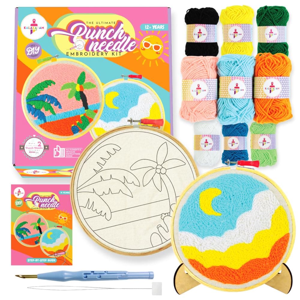 Kalakaram Punch Needle Kit – Beginner-Friendly DIY Embroidery Set with Printed Designs & Tools | Fun Art & Craft Gift for Kids & Adults | Perfect for Birthdays & Creative Hobbies