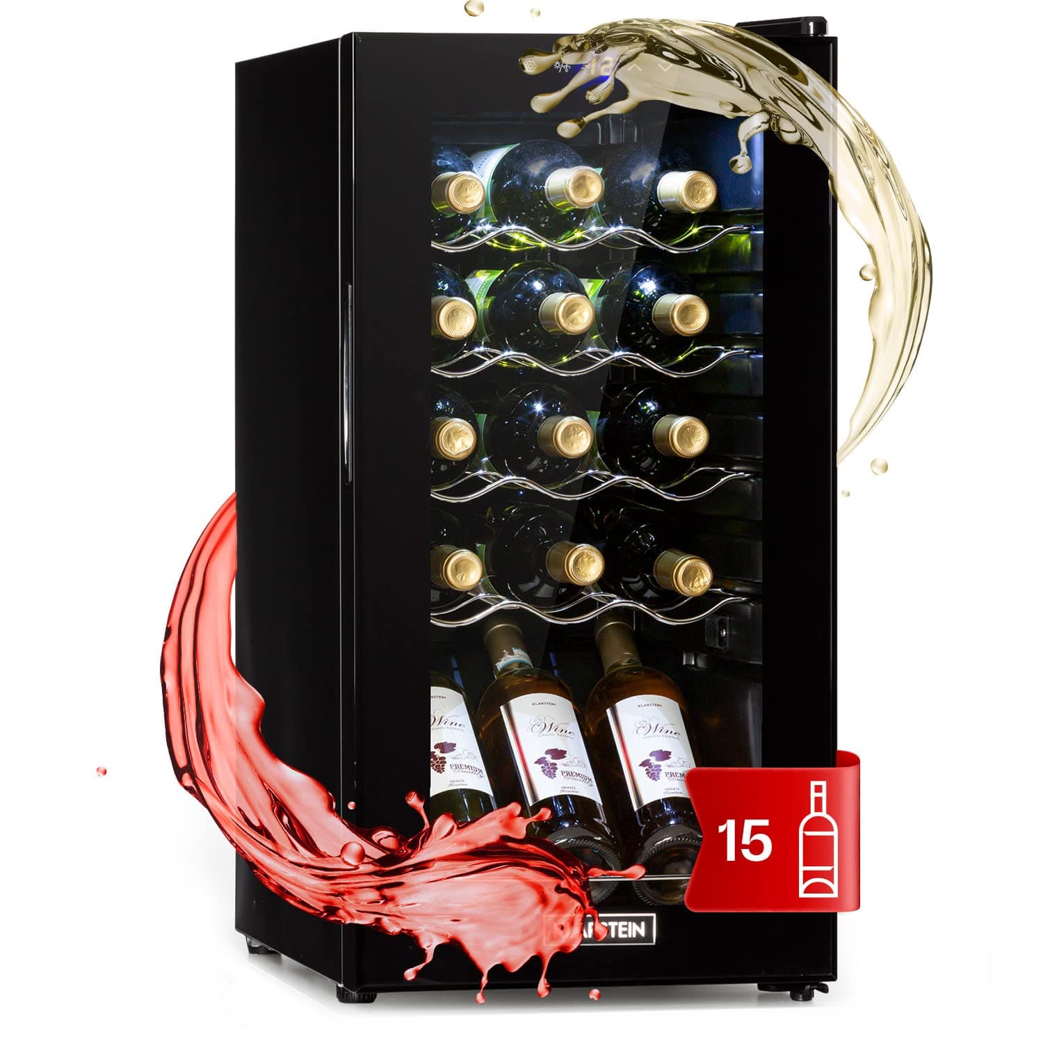 Klarstein Built-in Wine Cooler Fridge, Single Zone Wine Fridge with Glass Door, 53L Slimline Drinks Fridge for Wine/Beer, Wine Chiller Bottle Fridge for Home Pub, Indoor/Outdoor Bar Fridge, 15 Bottles