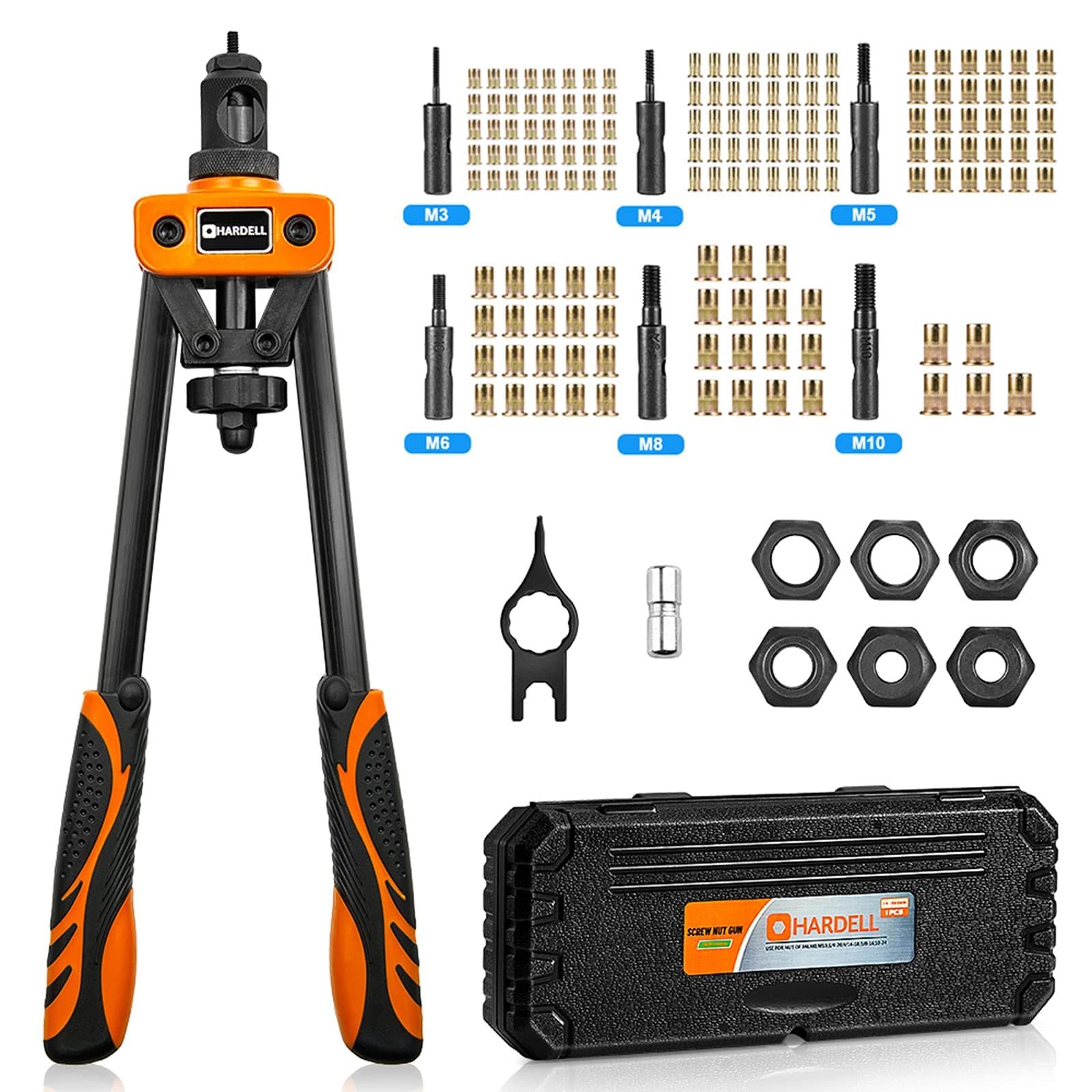 HARDELL Rivet Tool Kits, Rivet Nut Pliers Set, 14" Heavy Duty Hand Rivnut Gun with 150 Rivet Nuts and M3 M4 M5 M6 M8 M10 6 Metric Mandrels,Heat-treated Alloy Steel better for Thick Sheet Steel