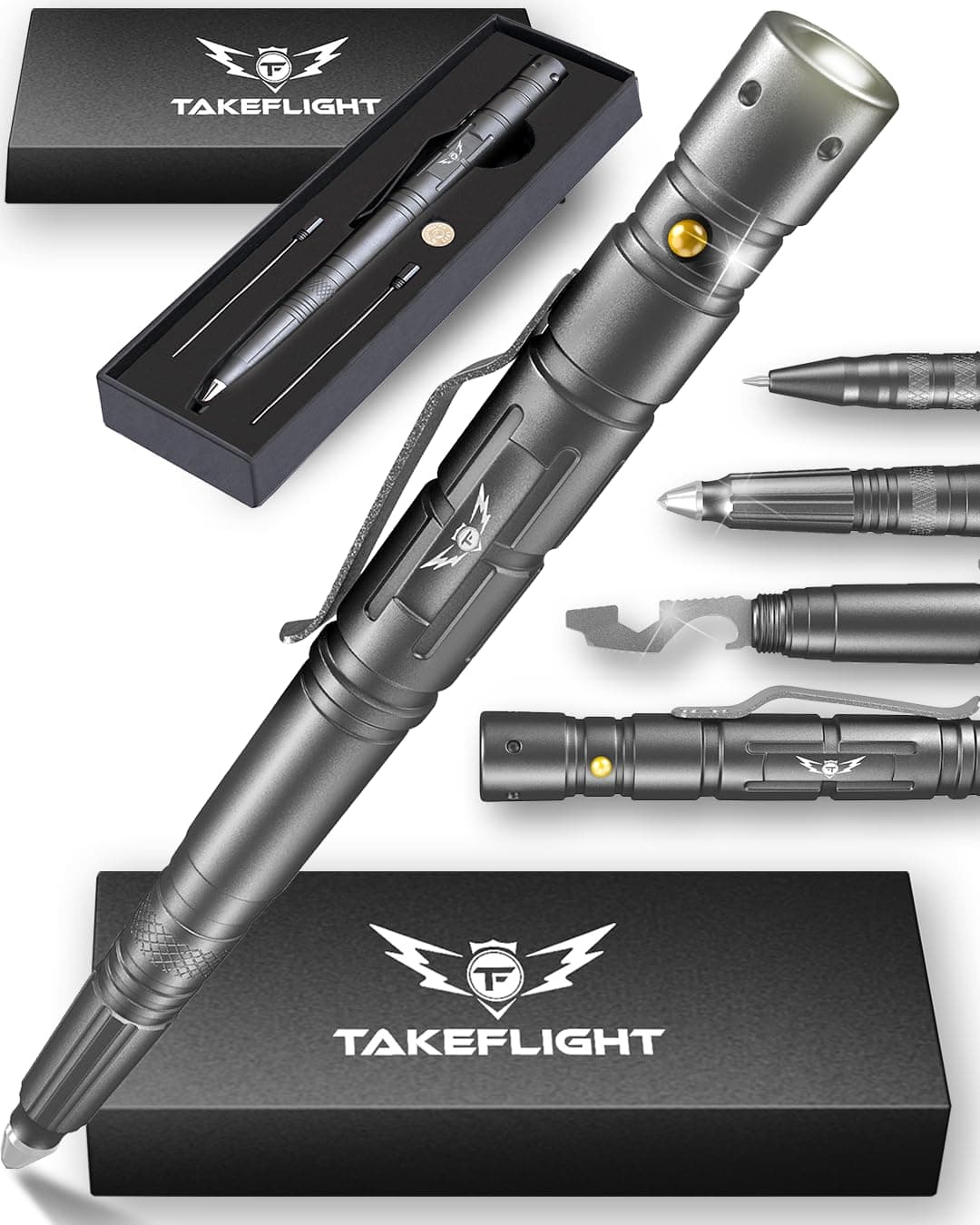 Tactical Pen – Self Defense Survival EDC Pen with LED Flashlight, Glass Breaker & Bottle Opener – Military Multitool Pen for Men & Women – Veteran-Owned TakeFlight – 2 Ink Refills + Extra Battery
