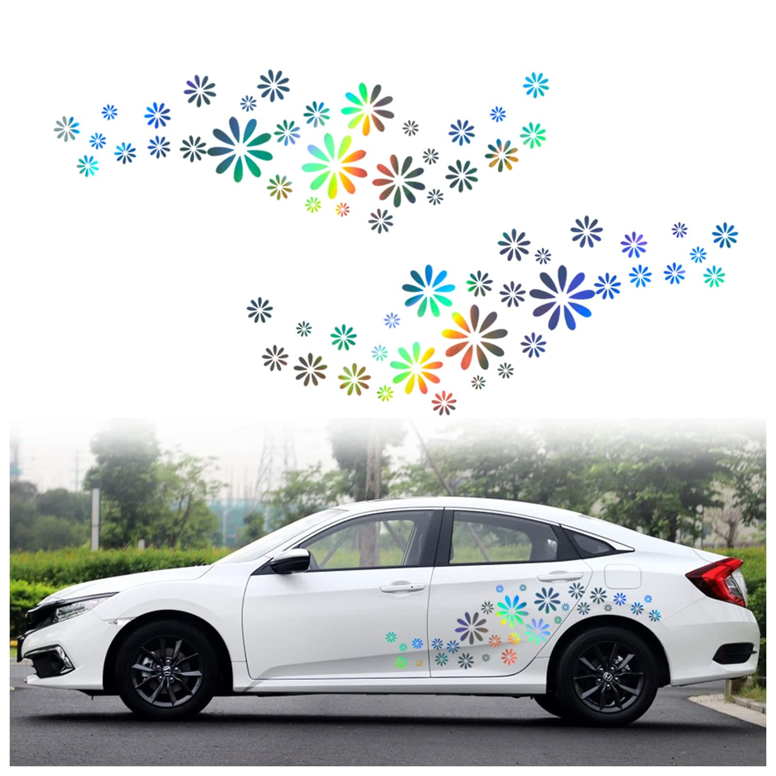 Flower Graphics Car Decals Car Auto Body Sticker DIY Mini Flower Self-Adhesive Car Side Vinyl Sticker Hood Decal, Holographic Laser