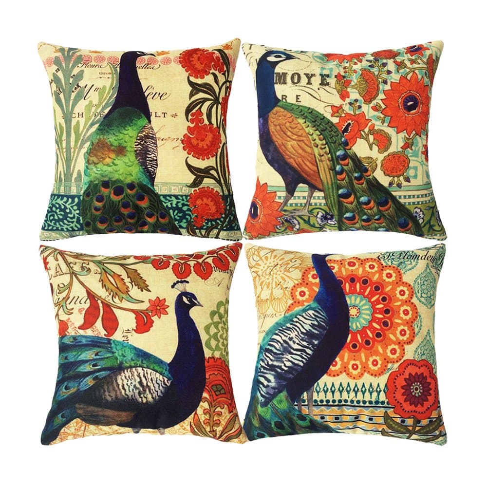 Monkeysell Peacock Pattern Vintage Cotton Linen Square Throw Pillow Case Decorative Cushion Cover Pillowcase Cushion Case for Sofa,Bed,Chair18 X 18 Inch (S018A2)