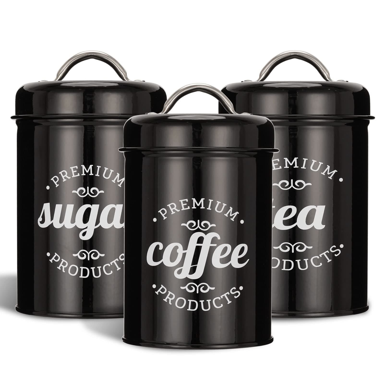 3 Piece Food Jars Canisters Sets, Airtight Coffee Container, Tea Organizer, And Sugar Canister, Rustic Farmhouse Decor for Kitchen Countertop (Black)