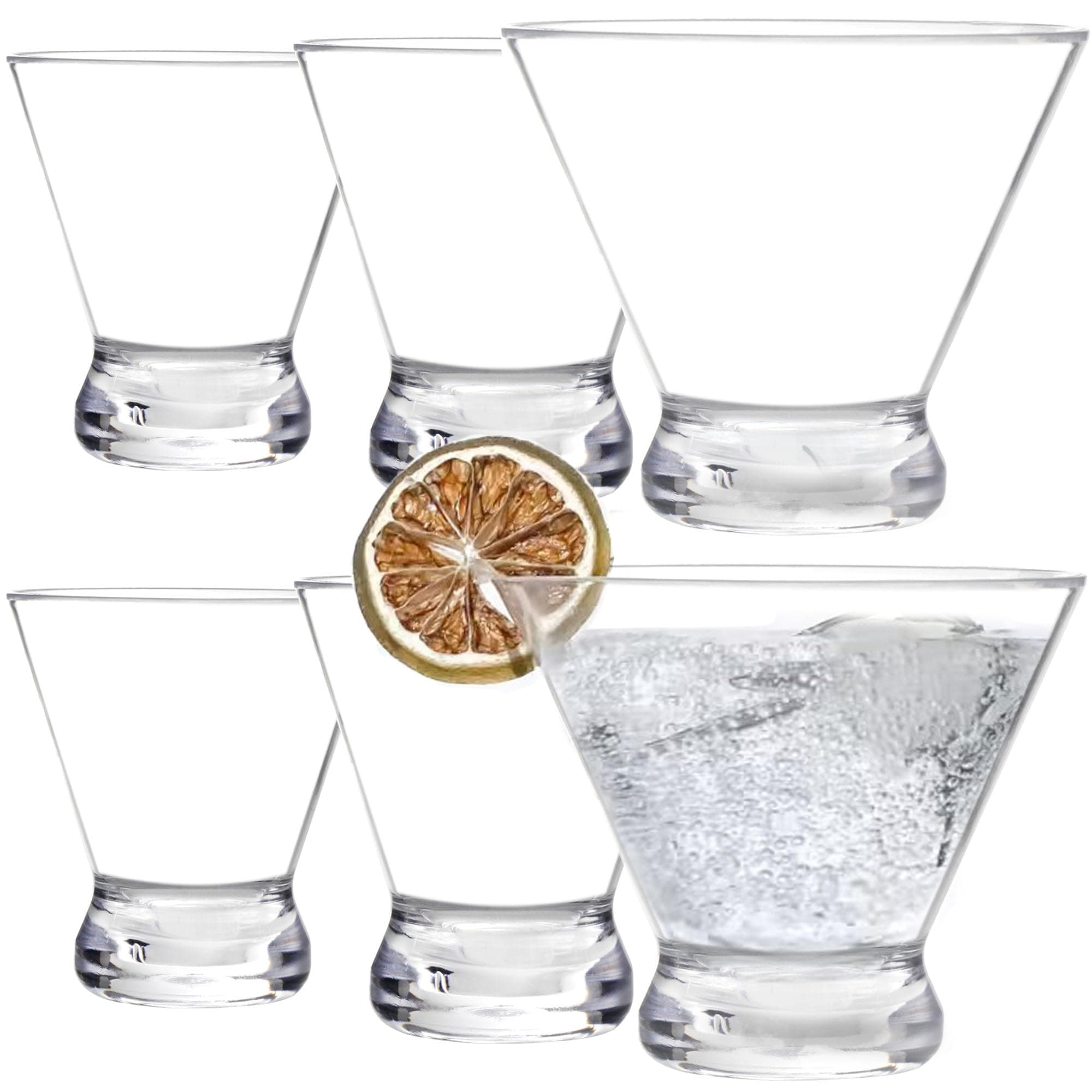 6 Pack Plastic Martini Glasses, 8 Ounce Shatterproof Martini Cups, Stemless Martini Glasses