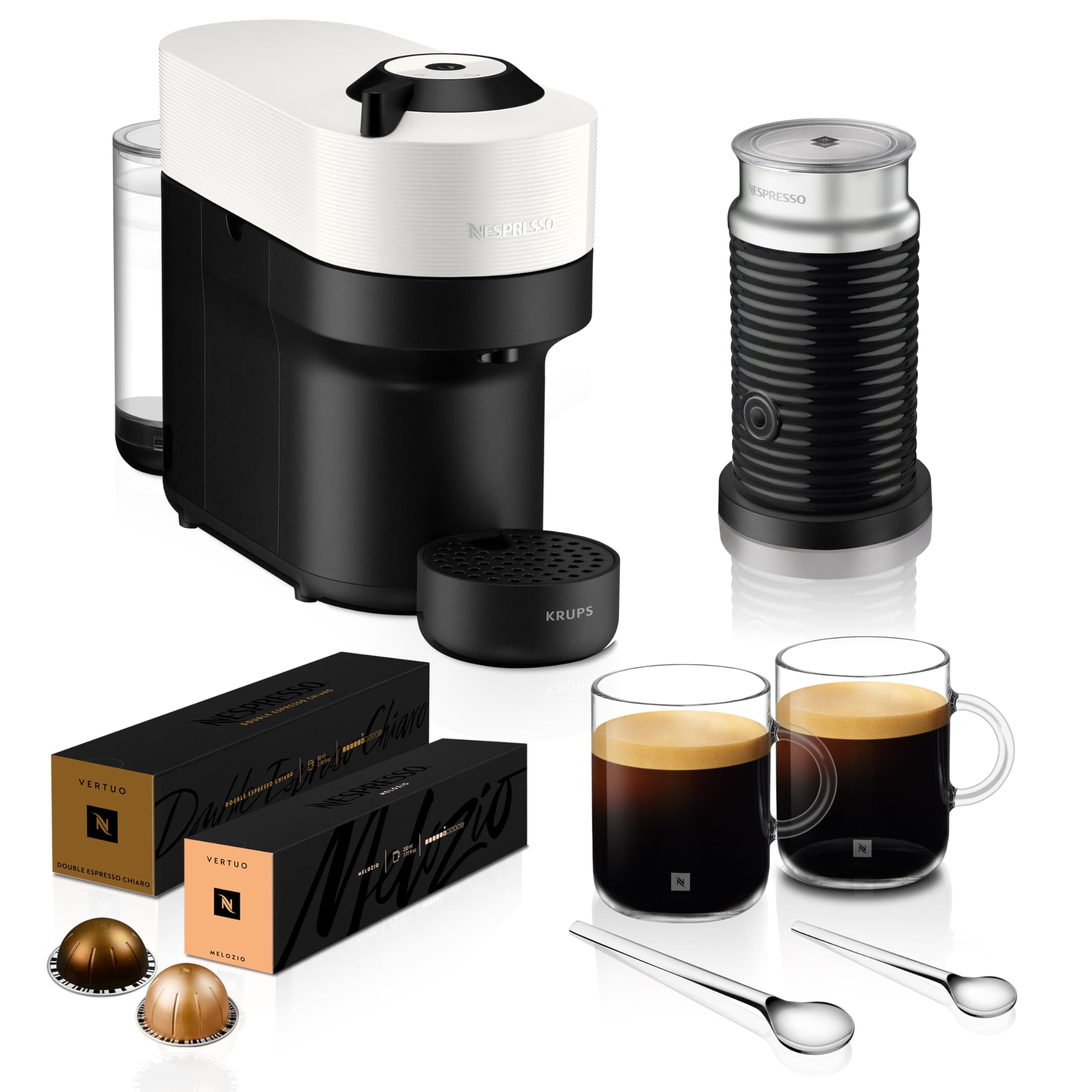 Coffee Machine Barista Bundle includes Vertuo Pop White by Krups, Milk Frother, 2x Mugs, 2 x spoons, Melozio coffee pods & Chiaro coffee pods
