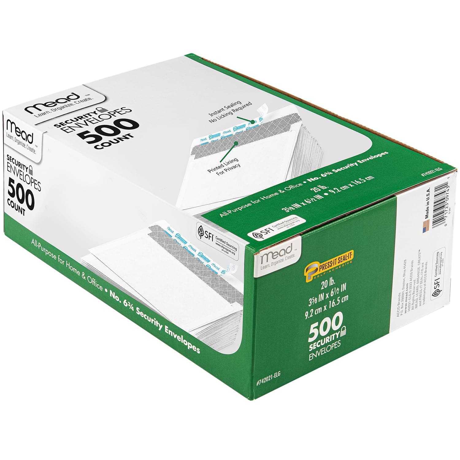 Mead #6-3/4 Envelopes, 3-5/8" x 6-1/2", Security Printed Lining for Privacy, Press-It Seal-It Self Adhesive Closure, White All-Purpose 20-lb Paper Mailing Envelopes, 500 Count (742021)