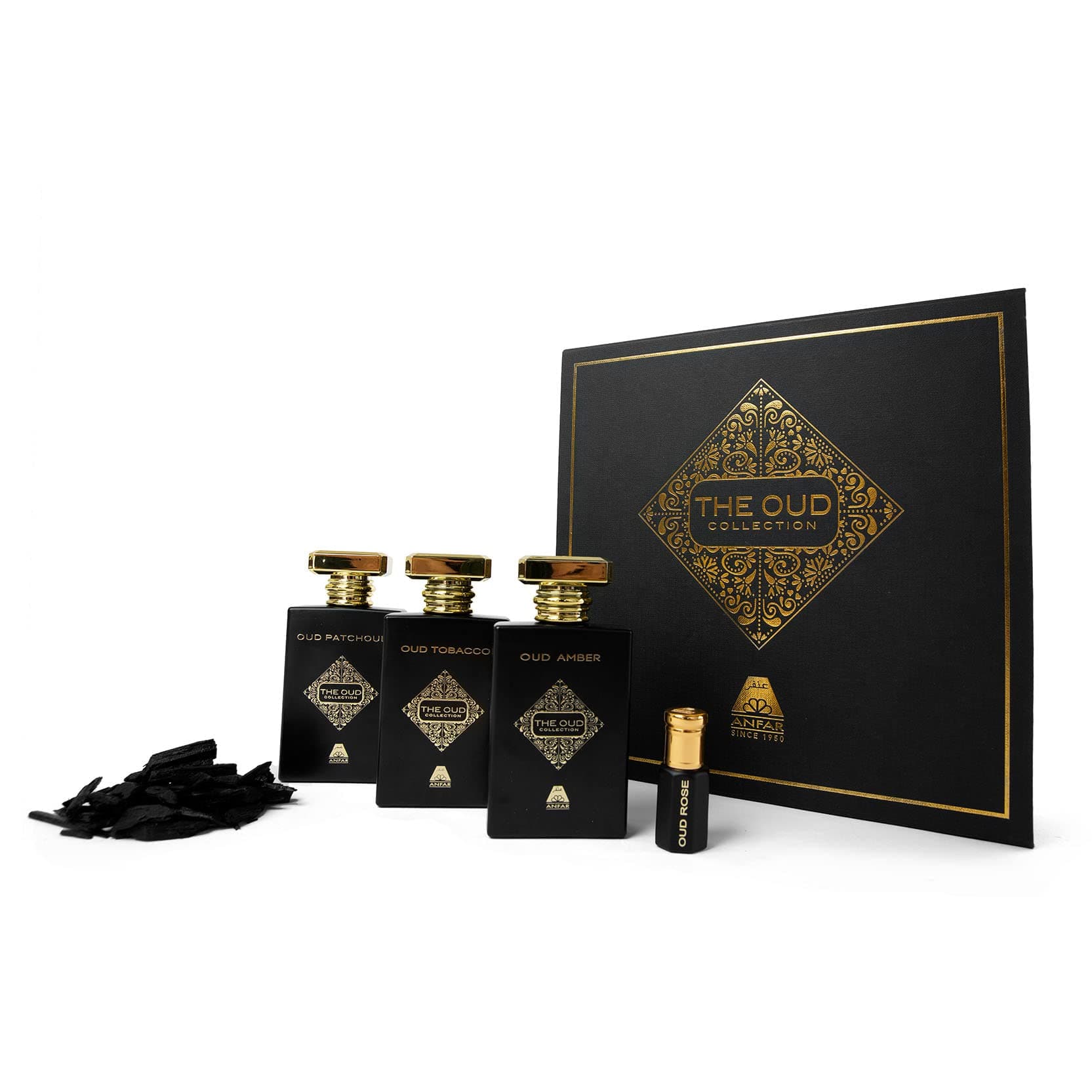 Anfar Perfume - The Oudh Collection Gift Set - Oud Patchouli 50ml + Oud Amber 50ml + Oud Tobacco 50ml+ Oud Rose Oil 6ml + Bakhoor 40gm