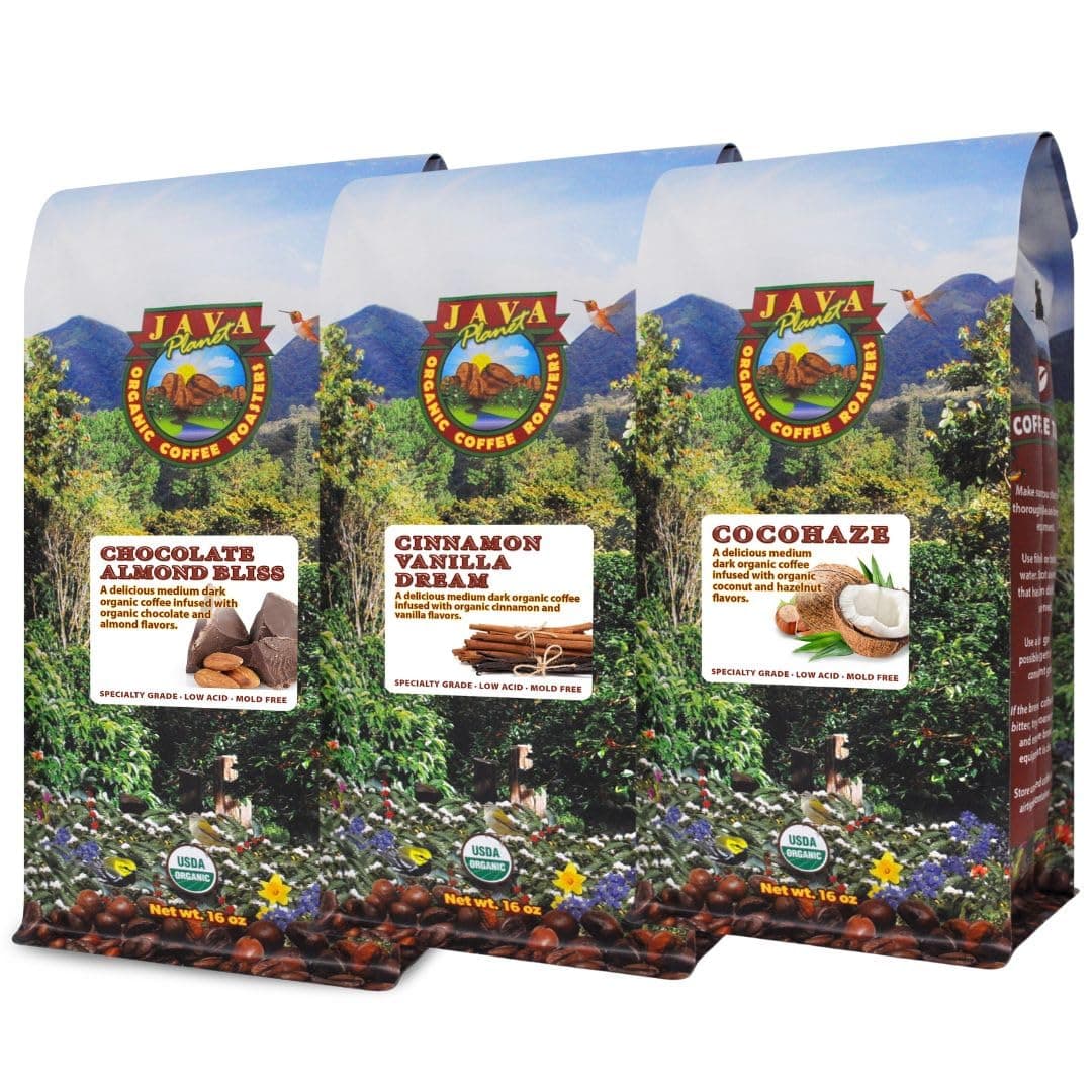 Java PlanetOrganic Flavored Coffee Variety Set - Chocolate Almond Bliss, Cinnamon Vanilla and CocoHaze Fair Trade Certified Infused With Organic Plant Based Flavor Oils