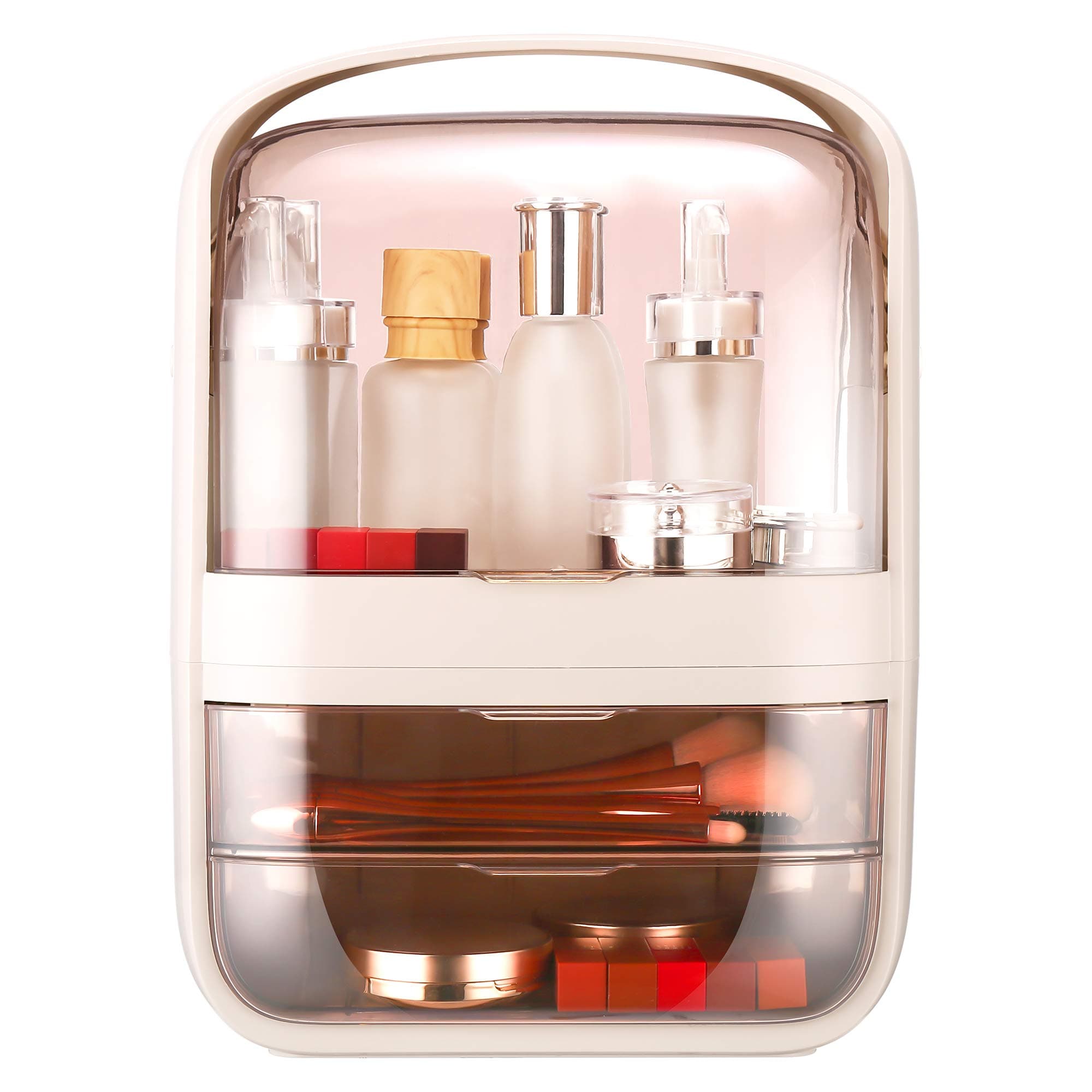 Makeup Organizer Cosmetic Box Dustproof and Waterproof Makeup Storage Box for Jewelry Large Capacity Cosmetic Holder Display Case with Handle(Pink) …