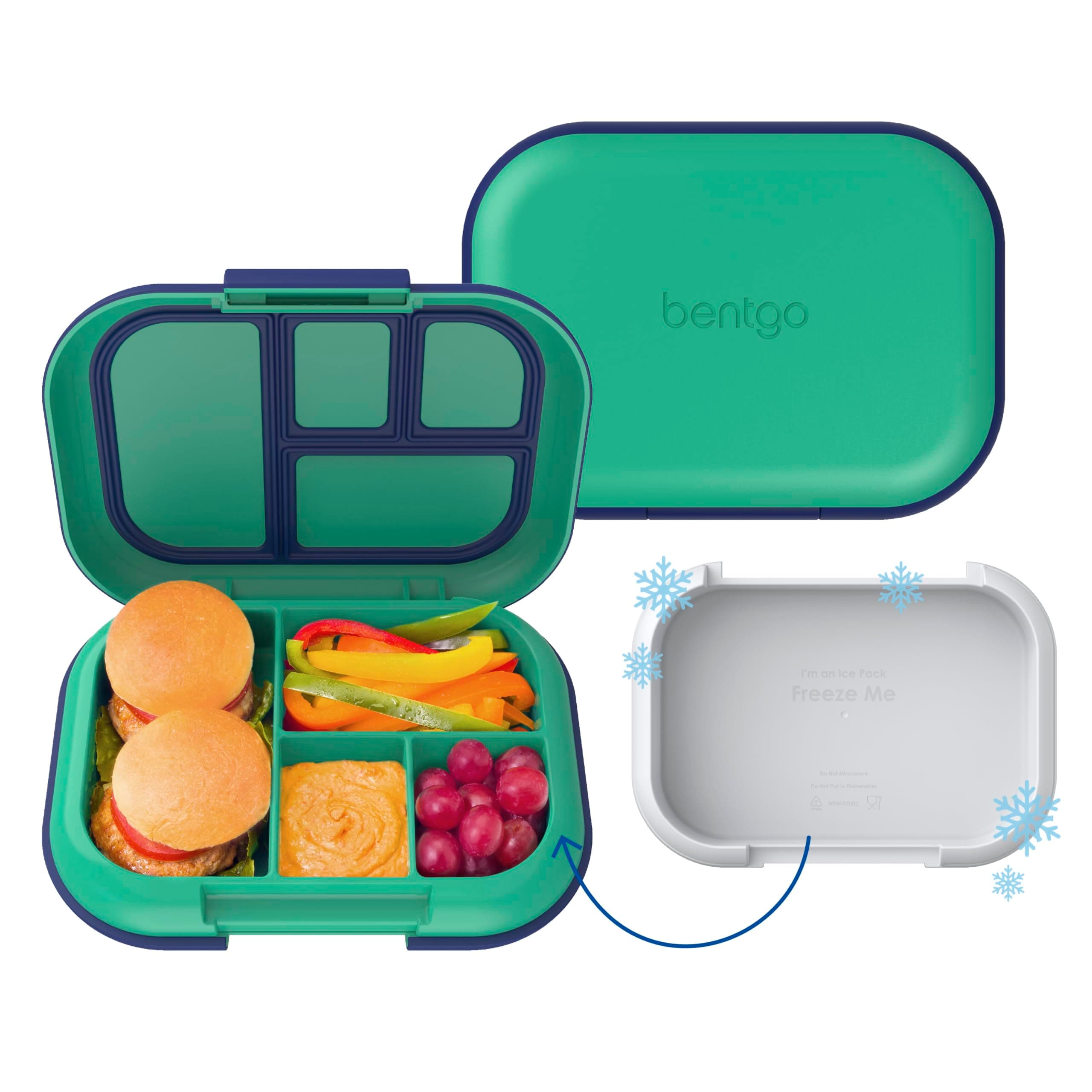Chill Kids Leak-Proof Lunch Box - 4-Compartment Bento Box with Built-In Ice Pack, 3.3 Cup Capacity, PFAS & BPA-Free, Microwave & Dishwasher Safe, Ideal Size for Ages 3 to 7 (Green/Navy)