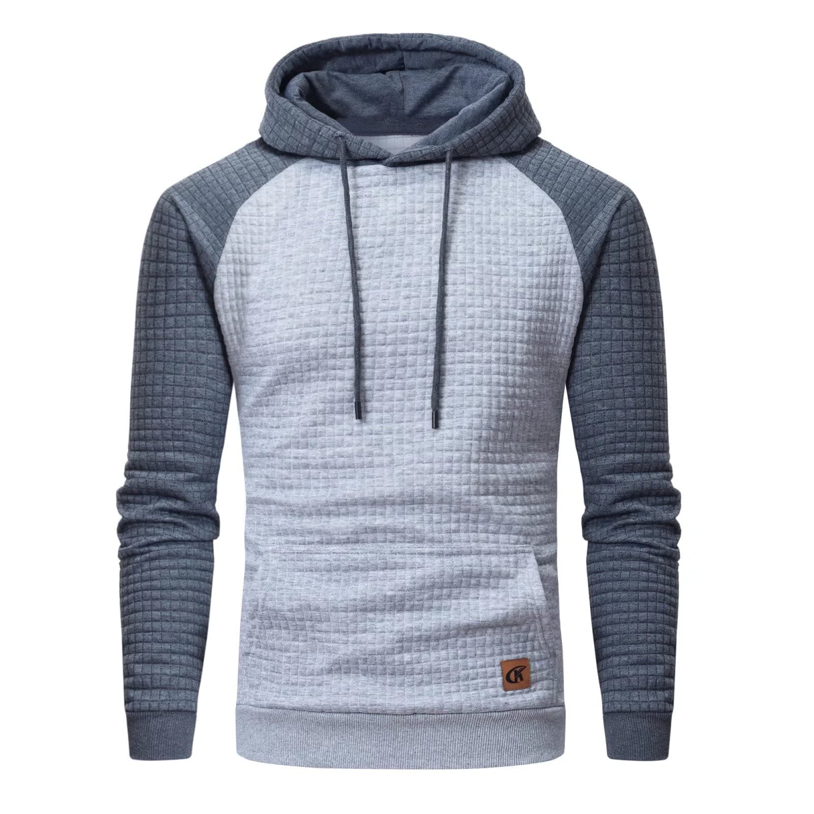 Men's Pullover Hoodies Plaid Jacquard Long Sleeve Drawstring Hipster Casual Hooded Sweatshirts with Kanga Pockets