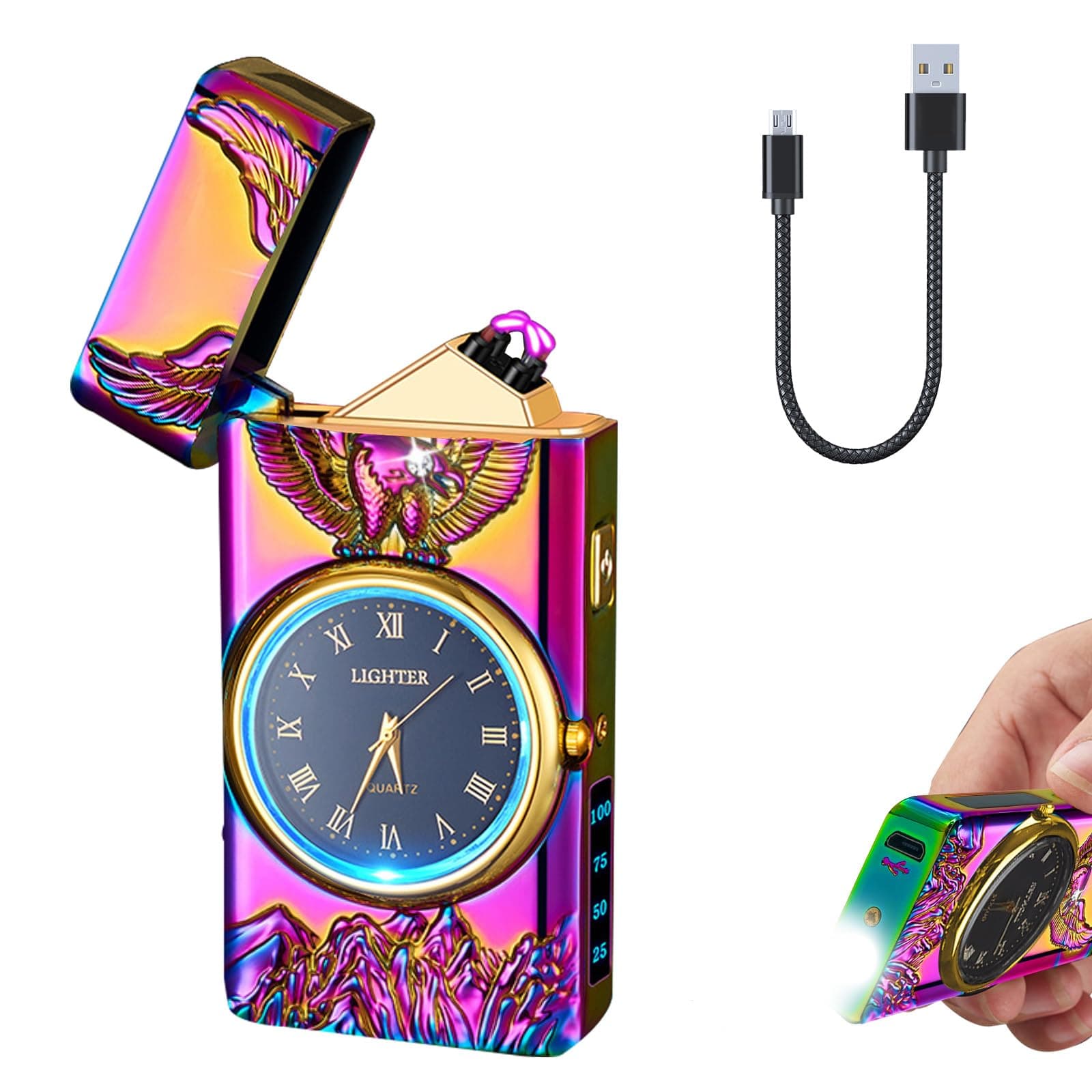Electric Lighter with Clock YOZWOO USB Rechargeable Lighter with LED Light, Plasma Dual Arc Lighters with LED Power Display for Candle, Cool Lighters Gifts for Men and Women (Magic-Eagle)