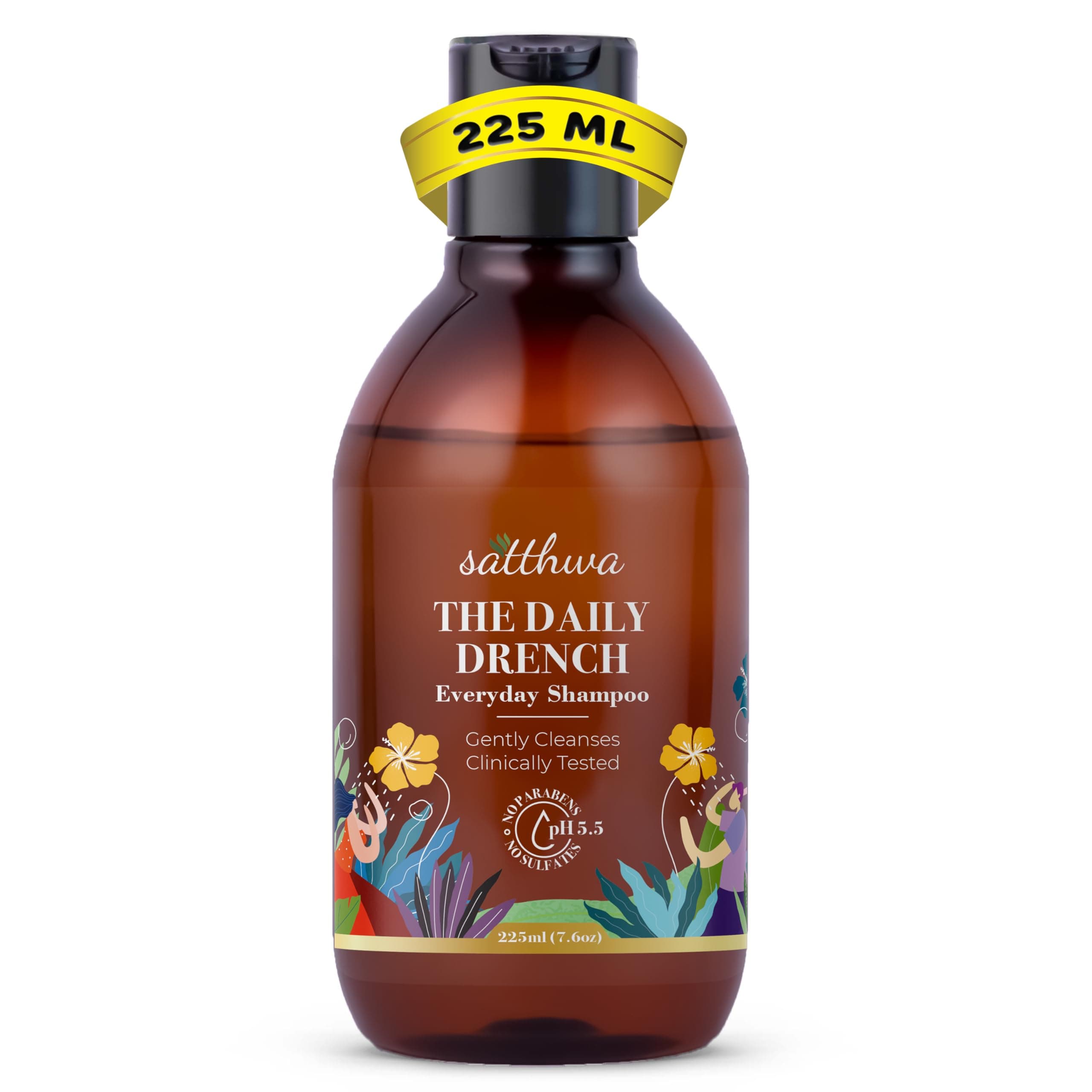 Satthwa Daily Drench - Everyday Mild Shampoo | Clinically Tested | Powered By Niacinamide | pH 5.5 | SLS & Paraben Free | All Hair Types | For Men & Women - 225ml