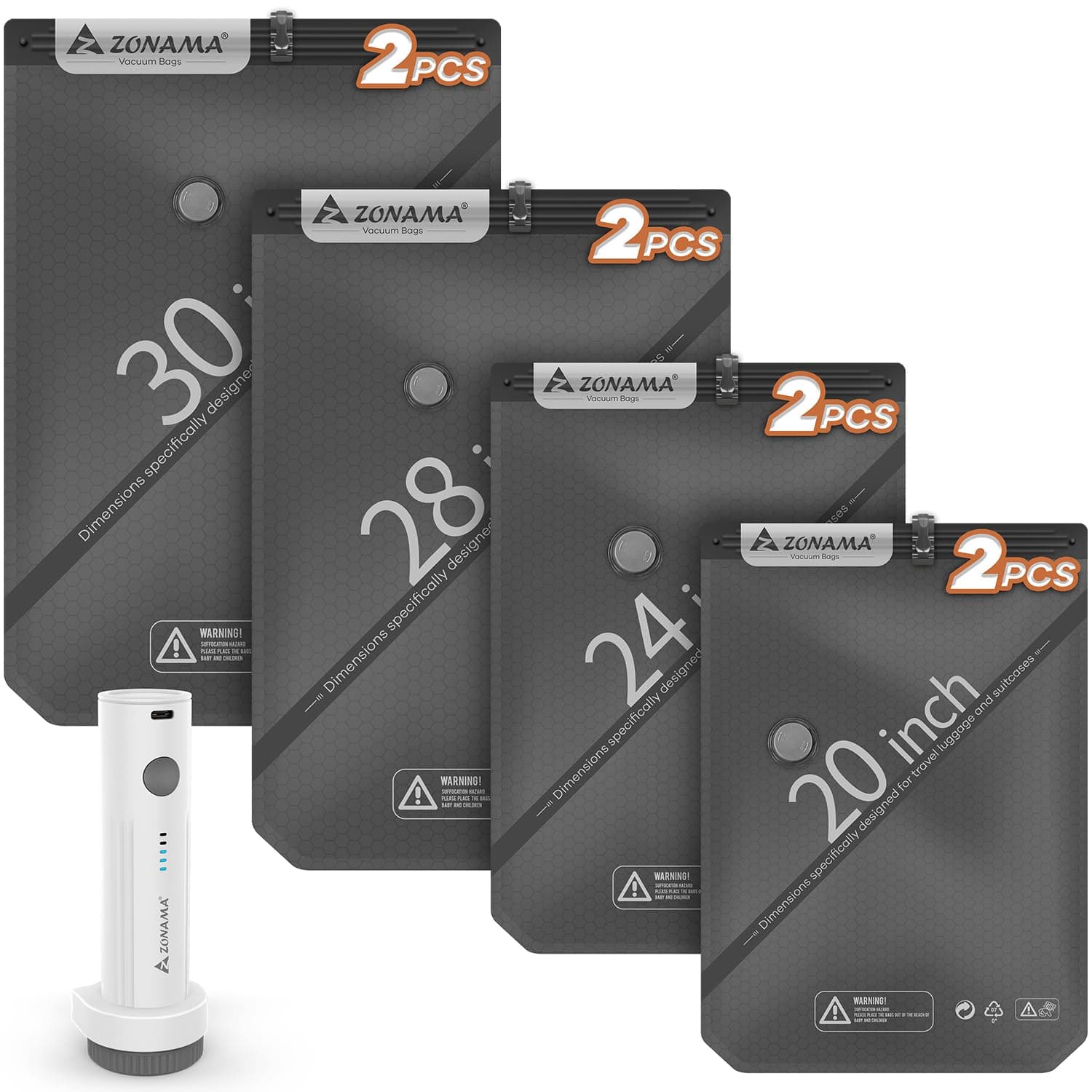 Vacuum Storage Bags for Travel with Wireless Rechargeable Air Pump, 8 Pack Travel Essentials Space Saver Compression Bag for Luggage, Suitcase, Backpack, Vacuum Seal Bags for Home Storage Clothing