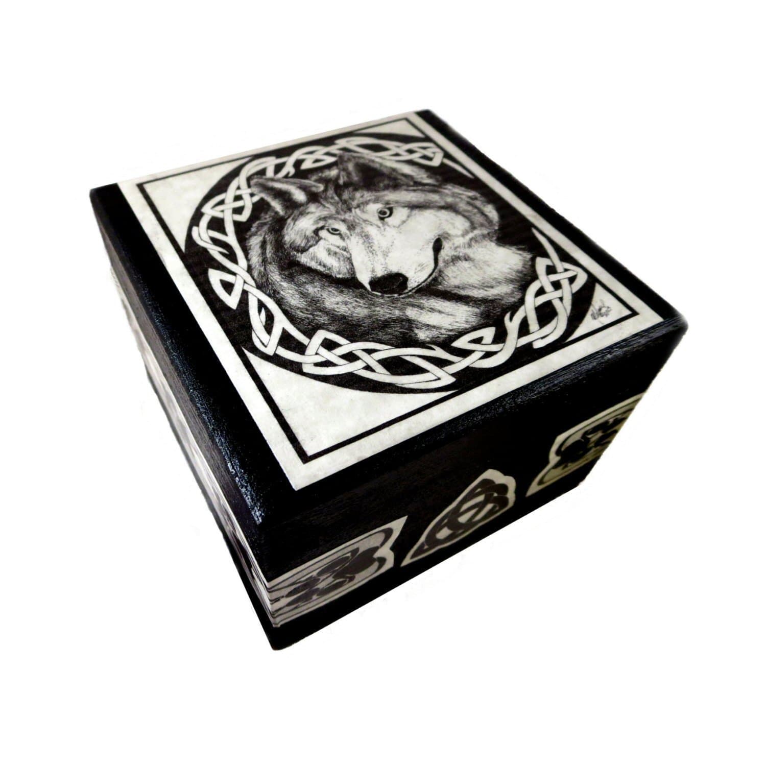 Celtic Wolf Wooden Jewelry or Keepsake Box with Artwork by Melanie Fuller for Dragon Star Creations SSB1895