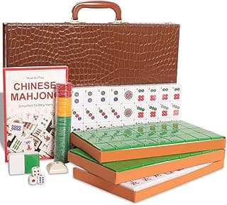 Chinese Mahjong Game Set, with Large (1.5") 144 Numbered Melamine Green Tiles, 2 spare tiles, 3 Dice and a Wind Indicator, Carrying Travel Case with English Instruction Included (Mah Jongg, Majiang)