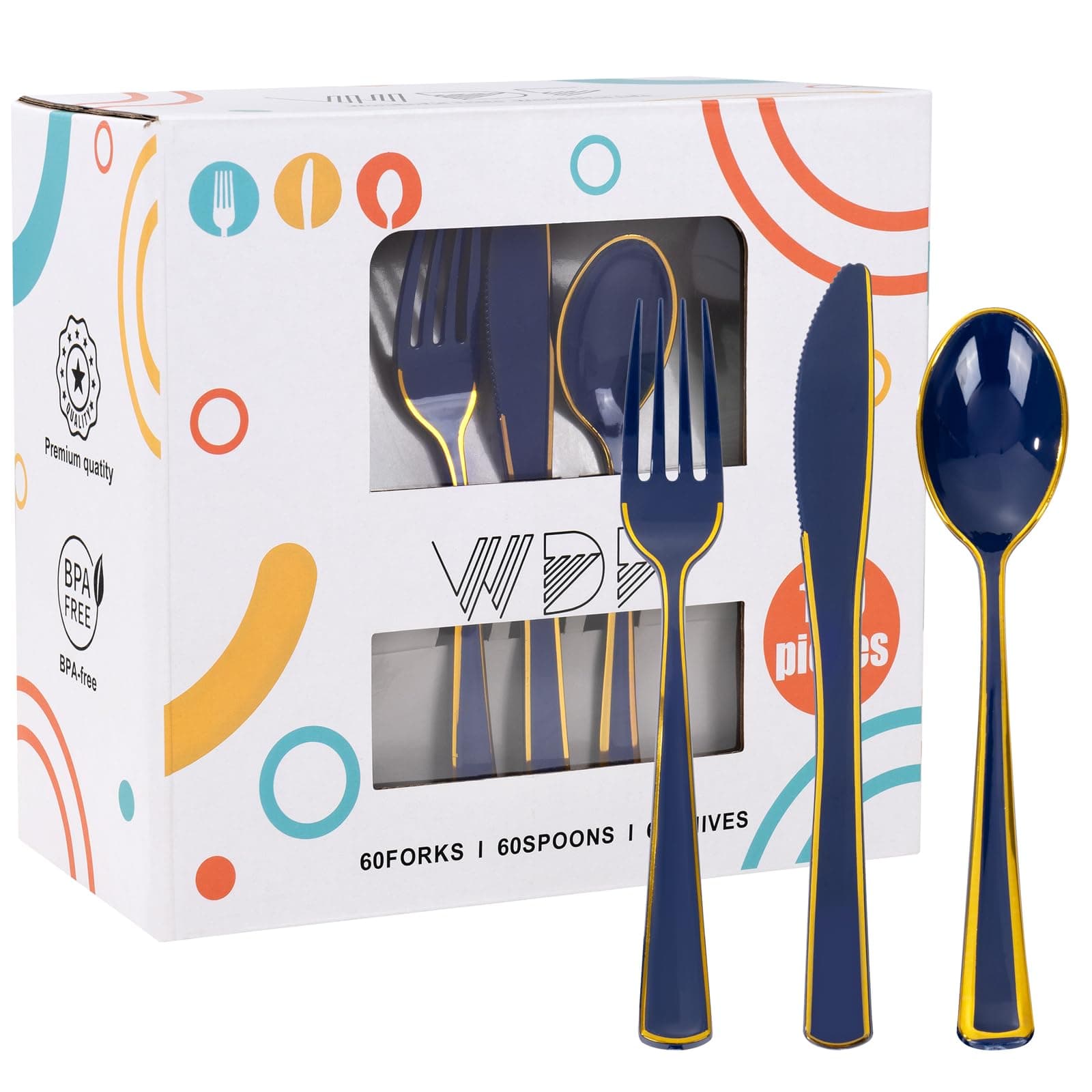 WDF 180PCS Blue Plastic Silverware -Blue and Gold Plastic Cutlery 60 Forks, 60 Knives, 60 Spoons - Heavy Duty Disposable Silverware for Party/Wedding/Birthday