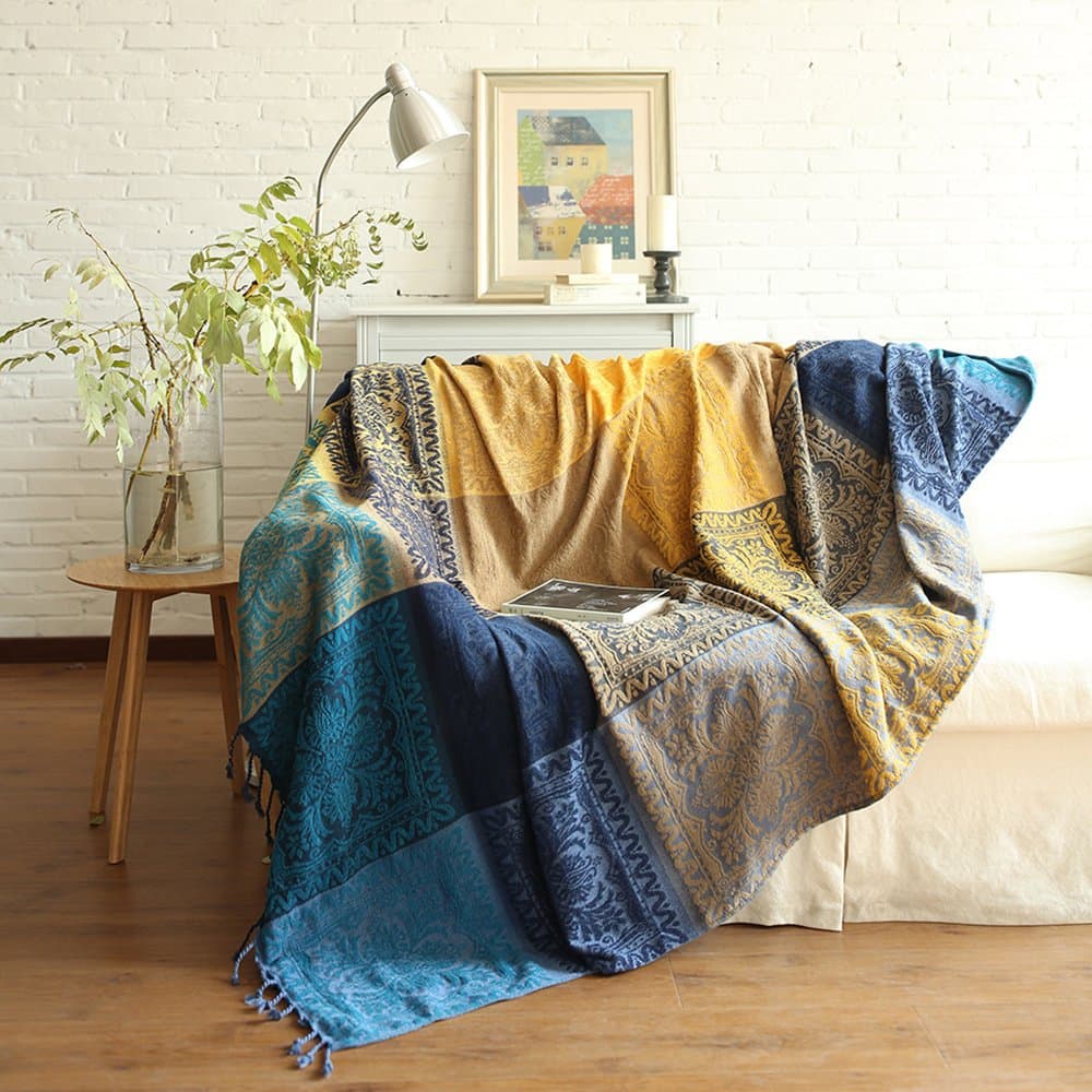 ele ELEOPTION Chenille Throw Blanket, Jacquard Tassels Throw Blanket Sofa Chair Cover Decorative for Bed Couch Soft Chair, Folk Tribal Pattern (Blue, 220 x 250 CM)
