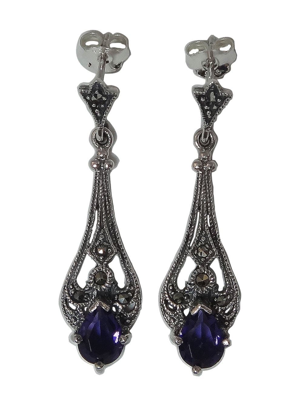 1.65" x 0.4" Sterling Silver Antique Style Amethyst and Marcasite Dangle Earrings with Friction Post Back