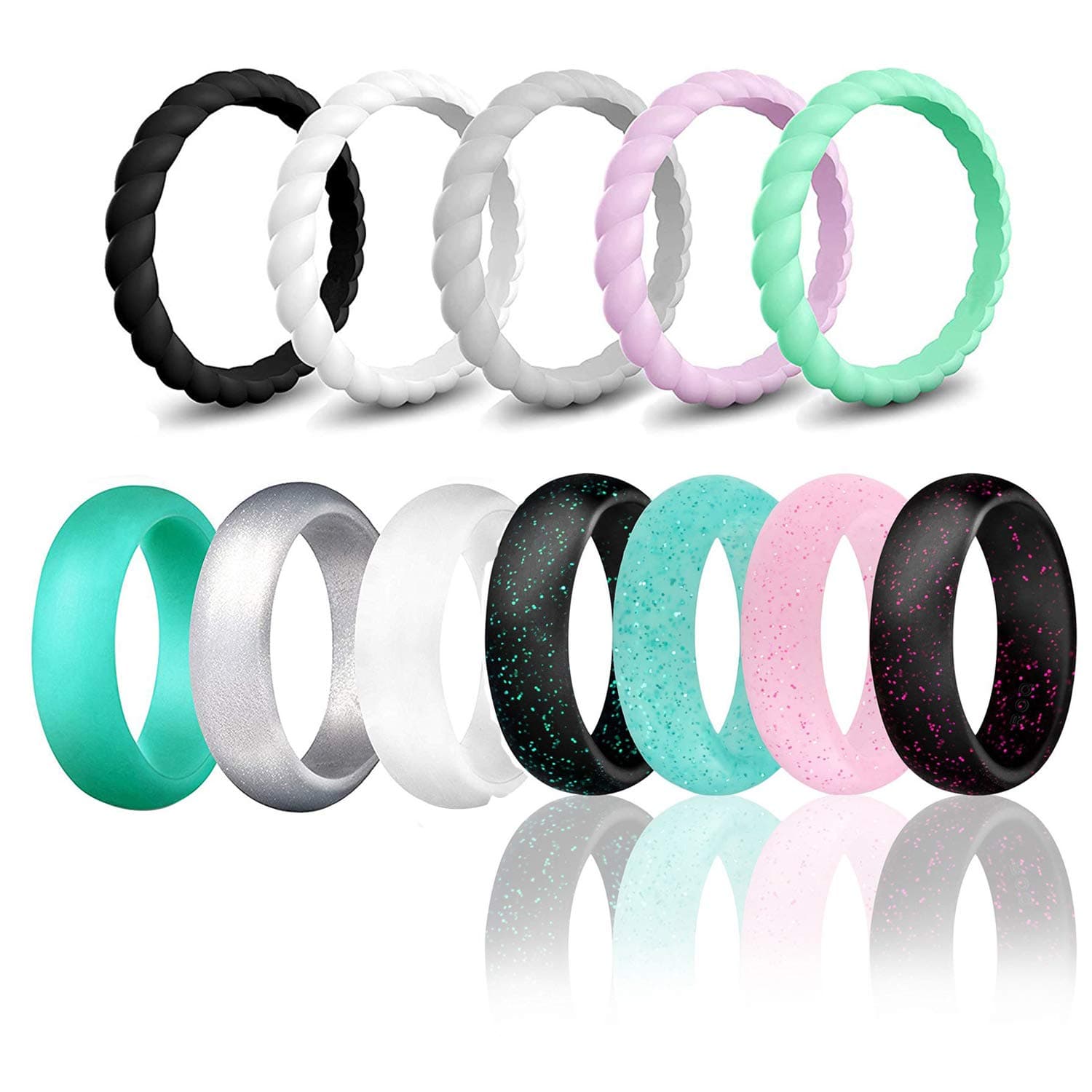 SOVSEFD Silicone Wedding Ring Bands for Women 12 Pack Size 4 5 6 7 8 9 Womens Thin Stackable & Glitter Powder Rubber Wedding Band Rings 5.7mm & 3mm Wide (Mulit-Color, 4.5-5(15.5mm/0.61inch))