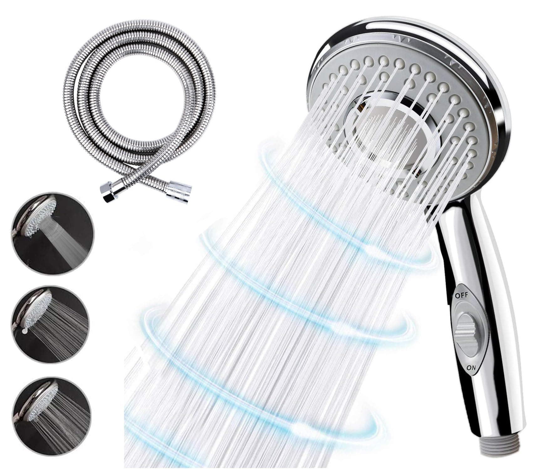 Nyganmelloz High Pressure Handheld Shower Head With ON/OFF Switch Pause Button - 5 Spray Modes Detachable Shower Head with 1.5m Shower Hose - Anti-clog Spray Nozzles