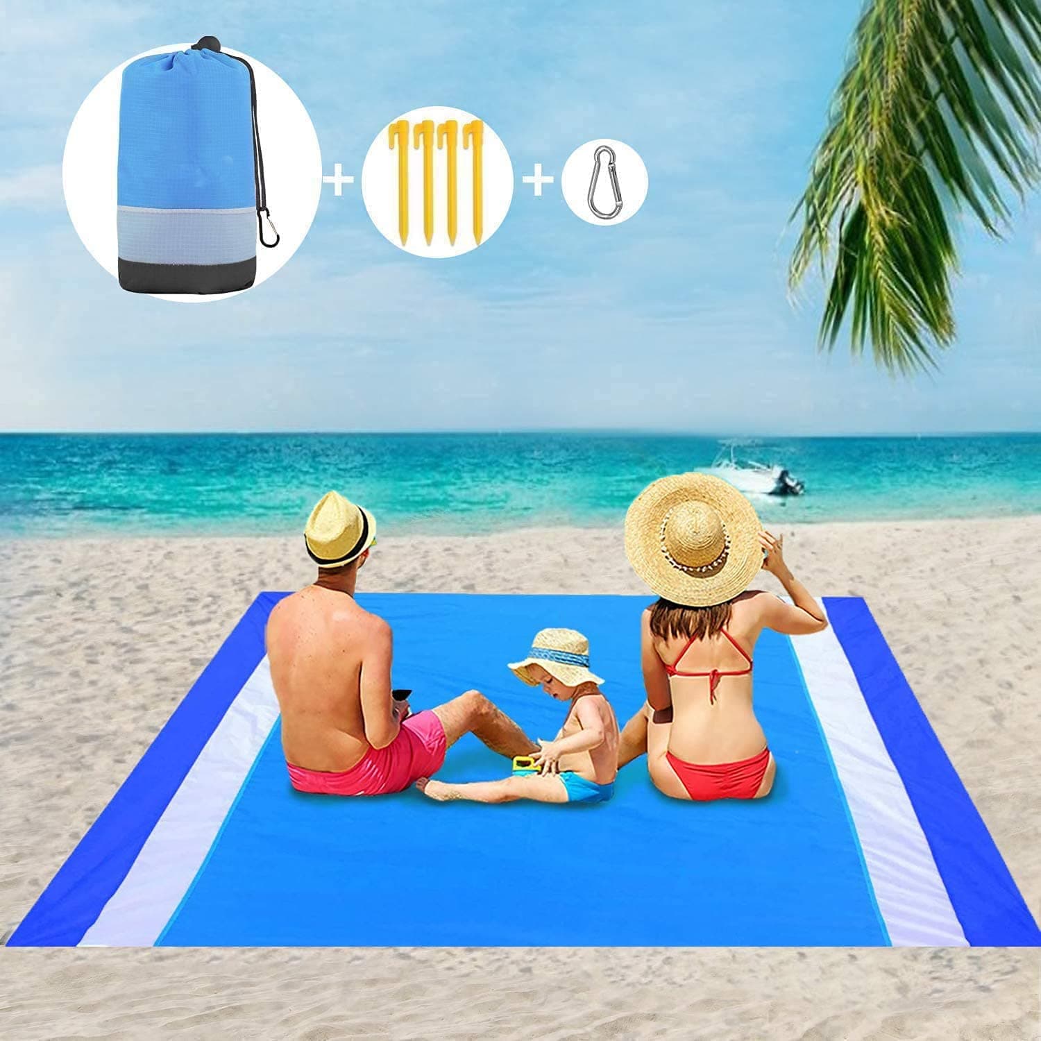 Sand Free Beach Blanket, 83”x79” Lightweight Sand Proof Beach Blanket Oversized Beach Accessory Picnic Mat with Storage Pockets, 4 Anchor Loops & Metal Stakes for Travel, Camping, Hiking