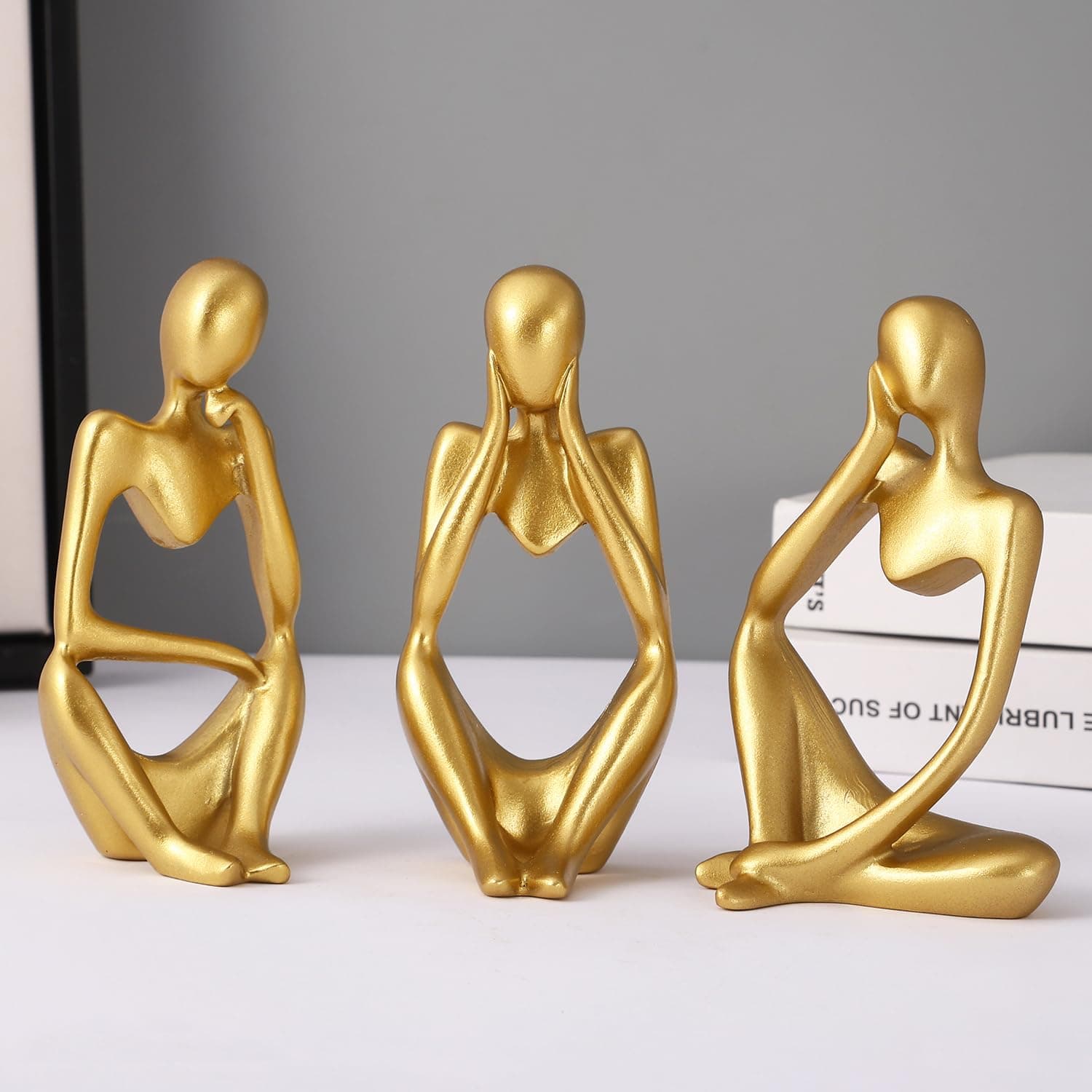 TIED RIBBONS Decorative Abstract Thinker Men Statue Set of 3 Modern Art Showpiece Sculpture(Fantasy,Gold,13CmX6Cm) Decoration Items for Home Decor Living Room Bedroom Bookshelf Table Office-Resin
