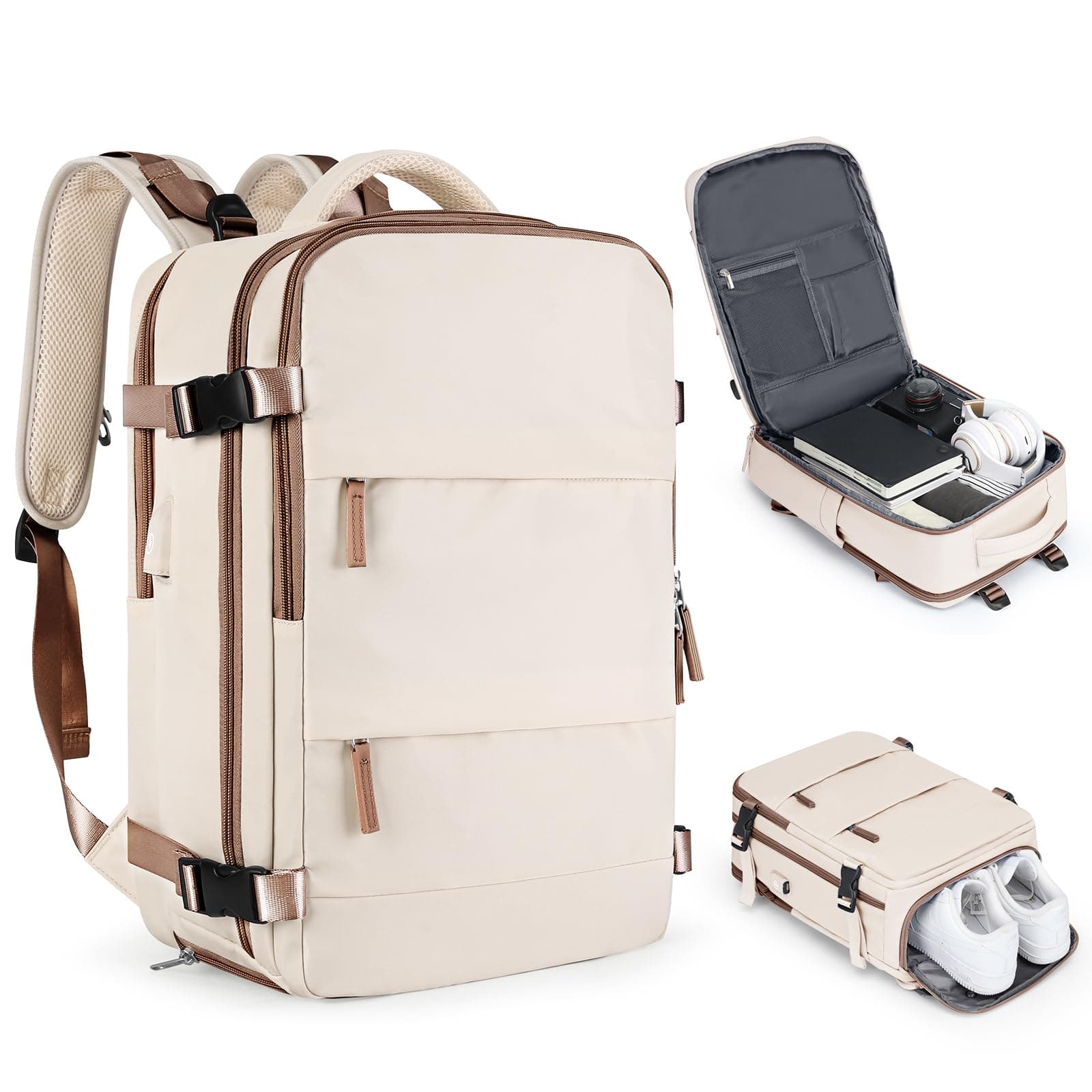 coofay Large Travel Backpack Carry on Flight Approved Mochila De Viaje Personal Item Travel Bag Backpacks for Men Women Carry on Backpack for Airplanes 18x14x8 Inches Travel Bag Beige with Brown