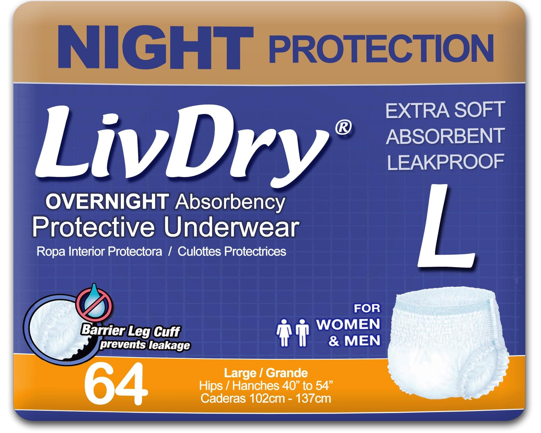 LivDry Overnight Protective Underwear Large size Count: 64