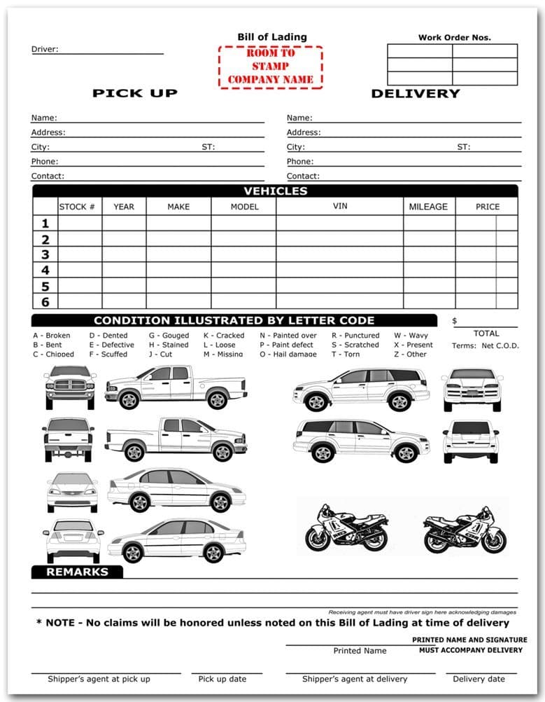 Vehicle Transport Bill of Lading Form