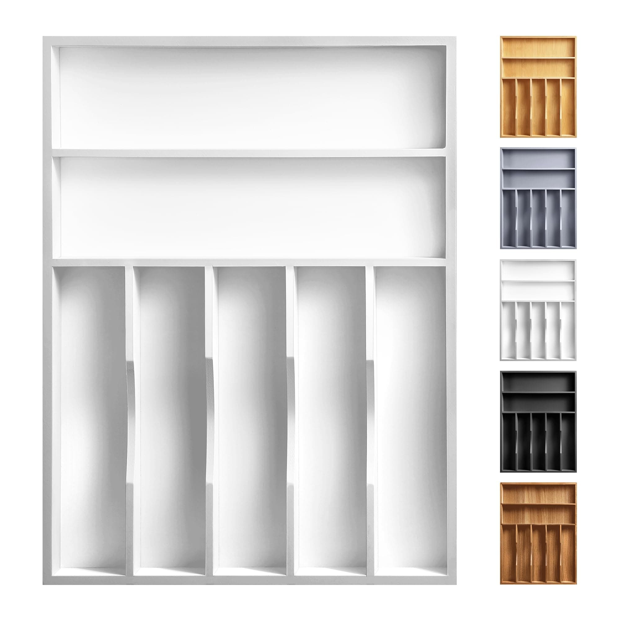 Kitchen Bamboo Silverware Organizer, Kitchen Drawer Organizer - Utensil Holder and Cutlery Tray with Grooved Drawer Dividers for Flatware 7 Slot, White